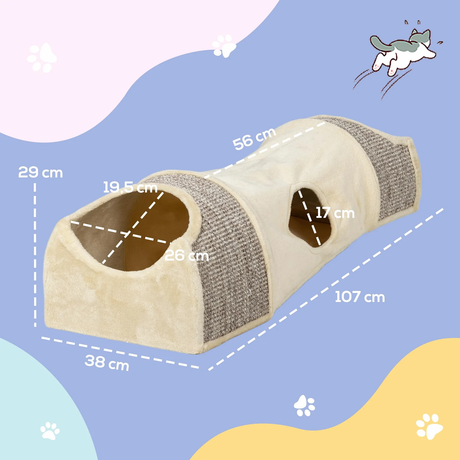 PawHut Tunnel per gatti in peluche 107x38x29 cm Beige+Grigio | Con 2 case, 3 aperture, Tunnel da gioco pieghevole (sisal), Design combinato