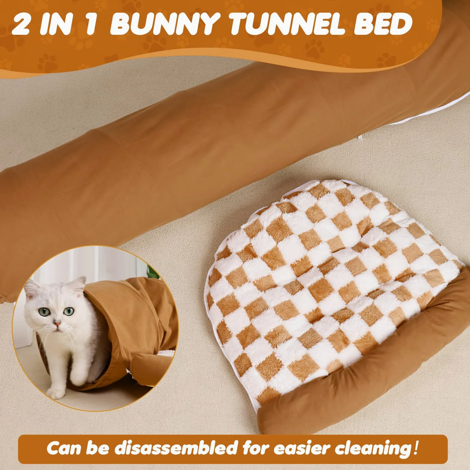 Spardar Tunnel per Gatti, Tunnel Pieghevole 2 in 1 per Conigli, Lavabile, con Nascondiglio Rimovibile, Giocattolo Interattivo per Conigli, Cincillà, Ricci, Porcellini d'India e Gattini,Kaki