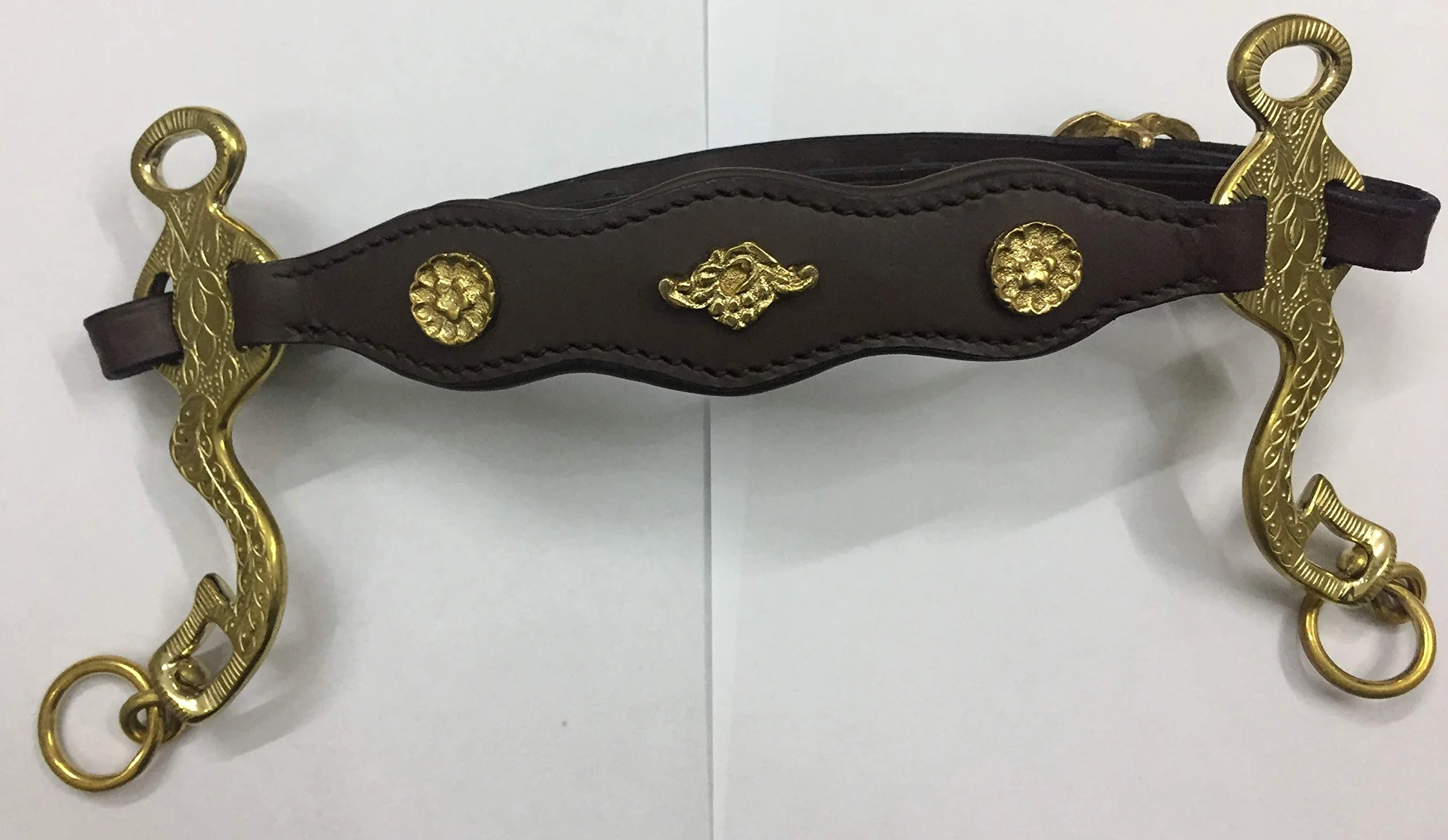 Hackamore ottone inciso vera pelle marrone e acciaio inossidabile dorato
