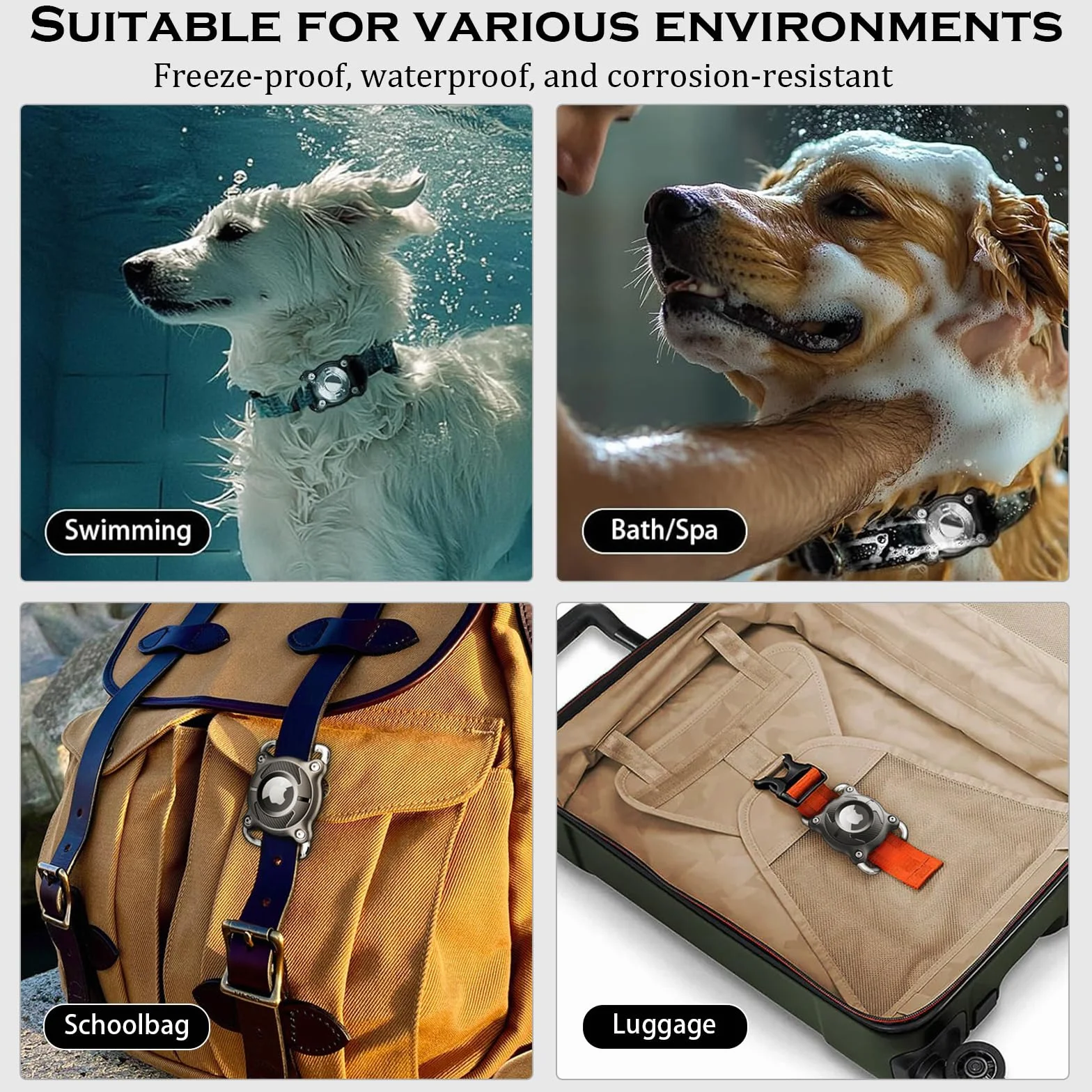 Impermeabile Collare Cane con Fibbia Metallica Staccabile Porta Cane 4 cm di Larghezza Collare GPS per Cani, Compatibile con Apple (Nero)