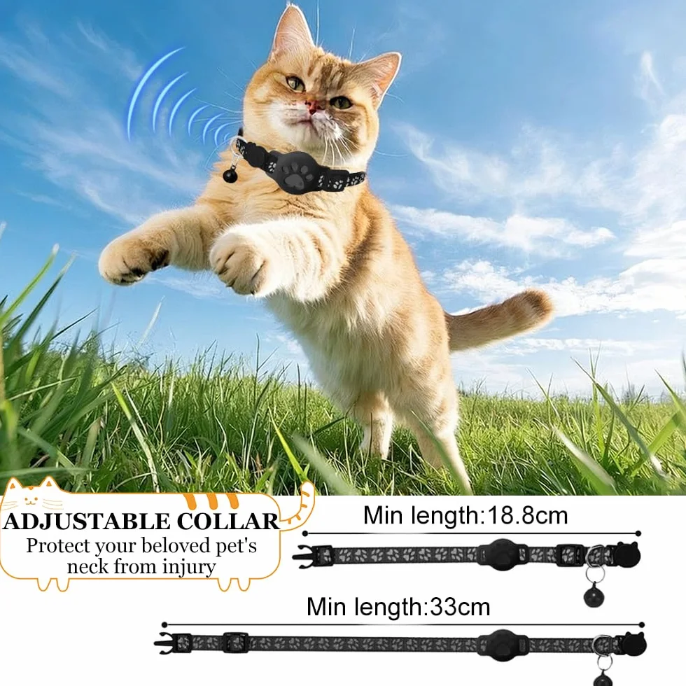 Localizzatore per Gatti, Tracker Collare per gatti, Design impermeabile e regolabile con strisce riflettenti, compatibile con dispositivi Apple e Android (nero)
