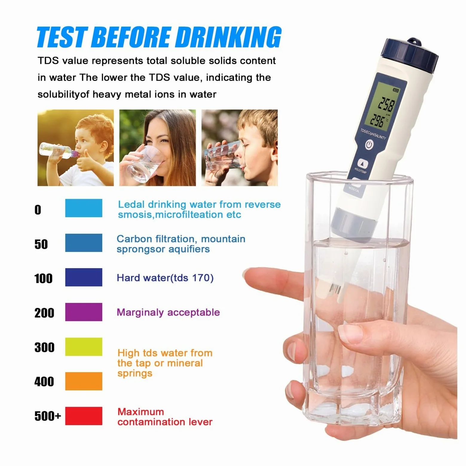 Misuratore di PH Misuratore di qualità Acqua con Funzione 5 in 1 Tester PH Salinità TDS EC retroilluminazione for acquacoltura, Potabile, Piscina
