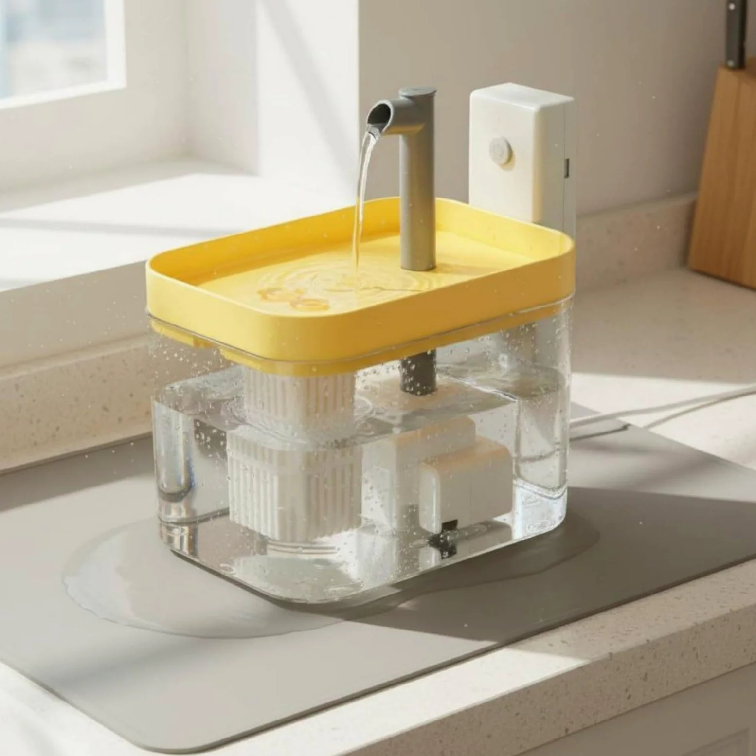 Dispositivo Automatico per Bere Fontana Distributore Abbeveratoio Depuratore con Acqua in Ricircolo Filtro Stratificato, Giallo Trasparente, Acqua Circolante Con Sensore