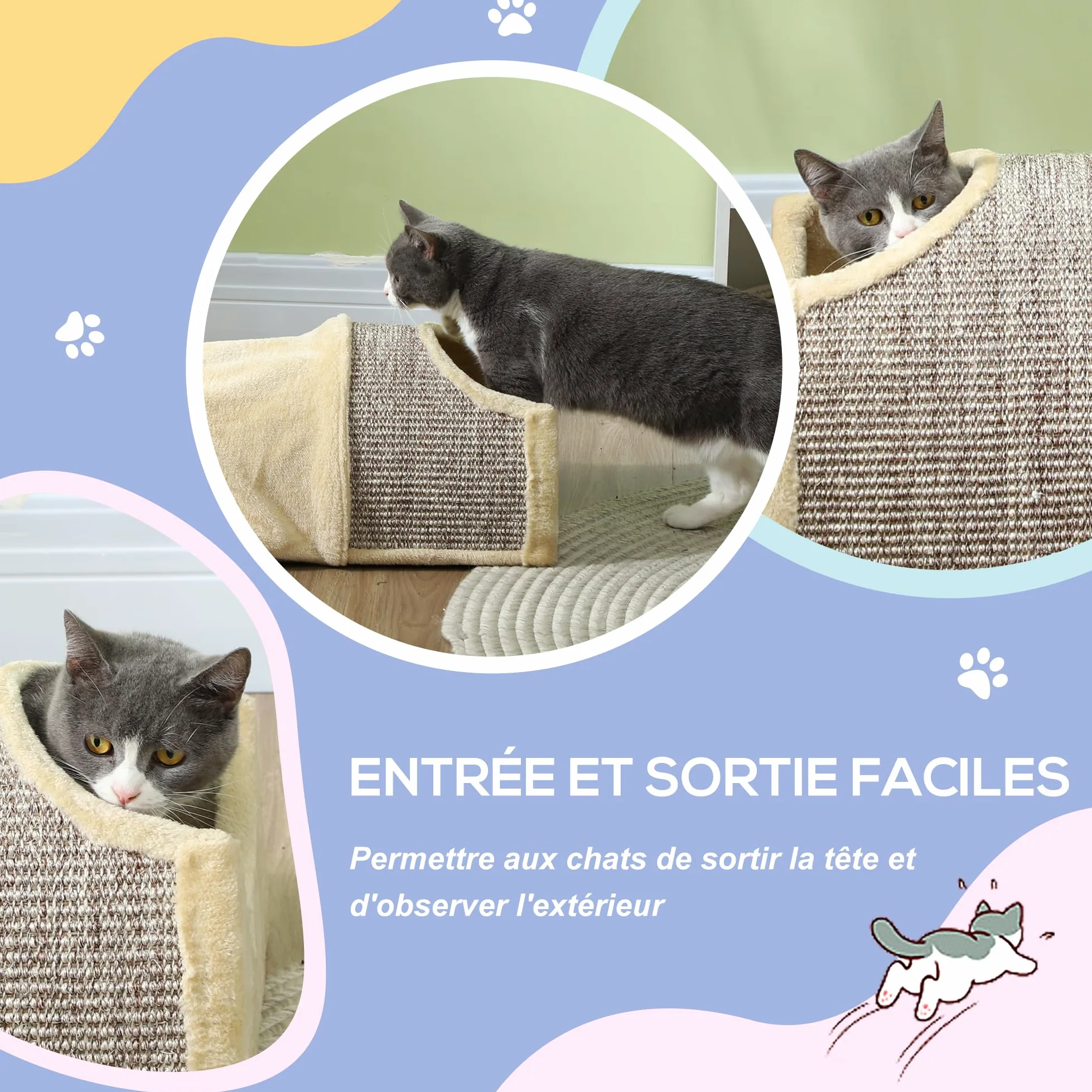 PawHut Tunnel per gatti in peluche 107x38x29 cm Beige+Grigio | Con 2 case, 3 aperture, Tunnel da gioco pieghevole (sisal), Design combinato