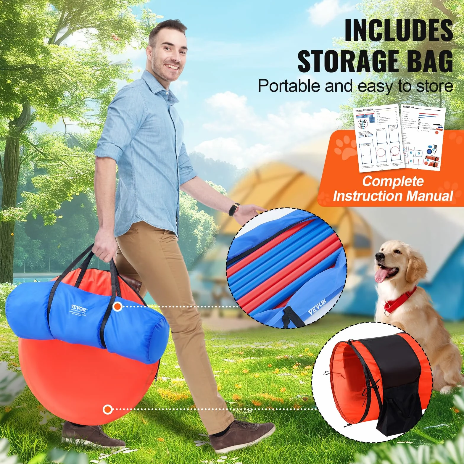VEVOR Attrezzatura per Addestramento Agilità per Cani, Set 7 Pezzi, Percorso a Ostacoli per Cuccioli, Ostacoli Altezza Regolabile, 6 Pali, 2 Tunnel, Anello Salto, Scatola Pausa, 3 Frisbee, Fischietto
