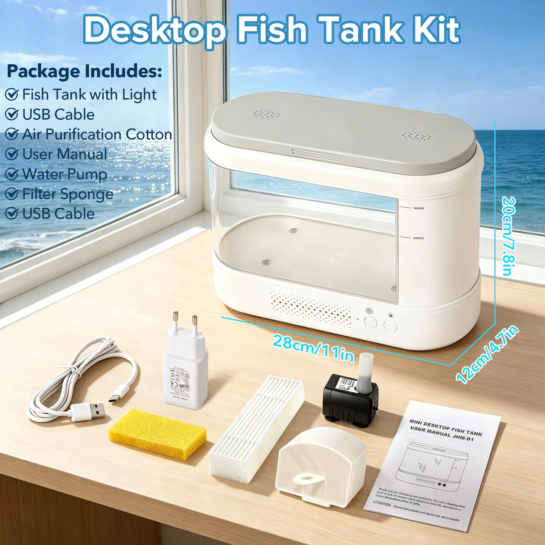 3,7L Mini Acquario Completo,Bianco Acquario in Acrilico con Sistema di Filtraggio e Illuminazione a LED, Piccolo Aquario da Tavolo per Betta,Pesci di Piccole Dimensioni, Piante e Gamberetti