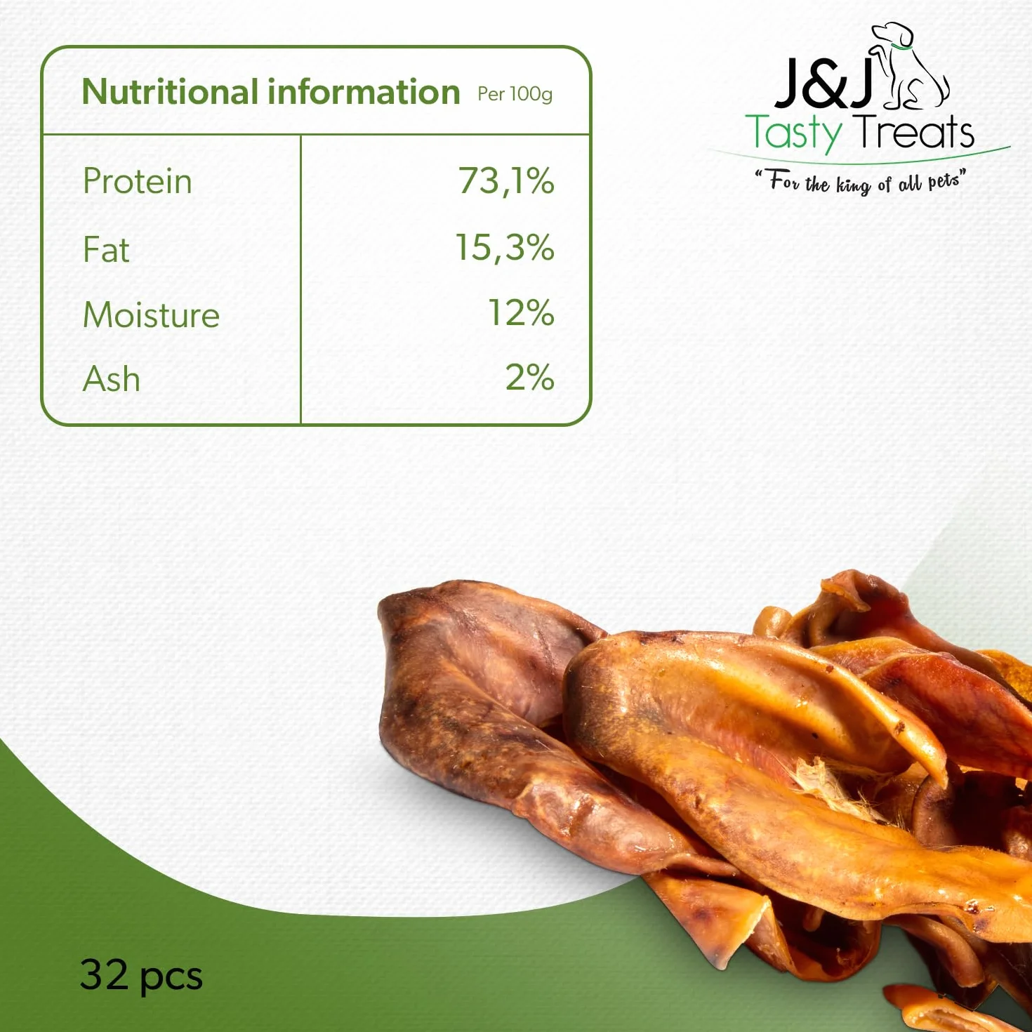 J&J Tasty Treats Orecchie di Maiale per Cani di Alta Qualità Snack per Cani (32 Pezzi)