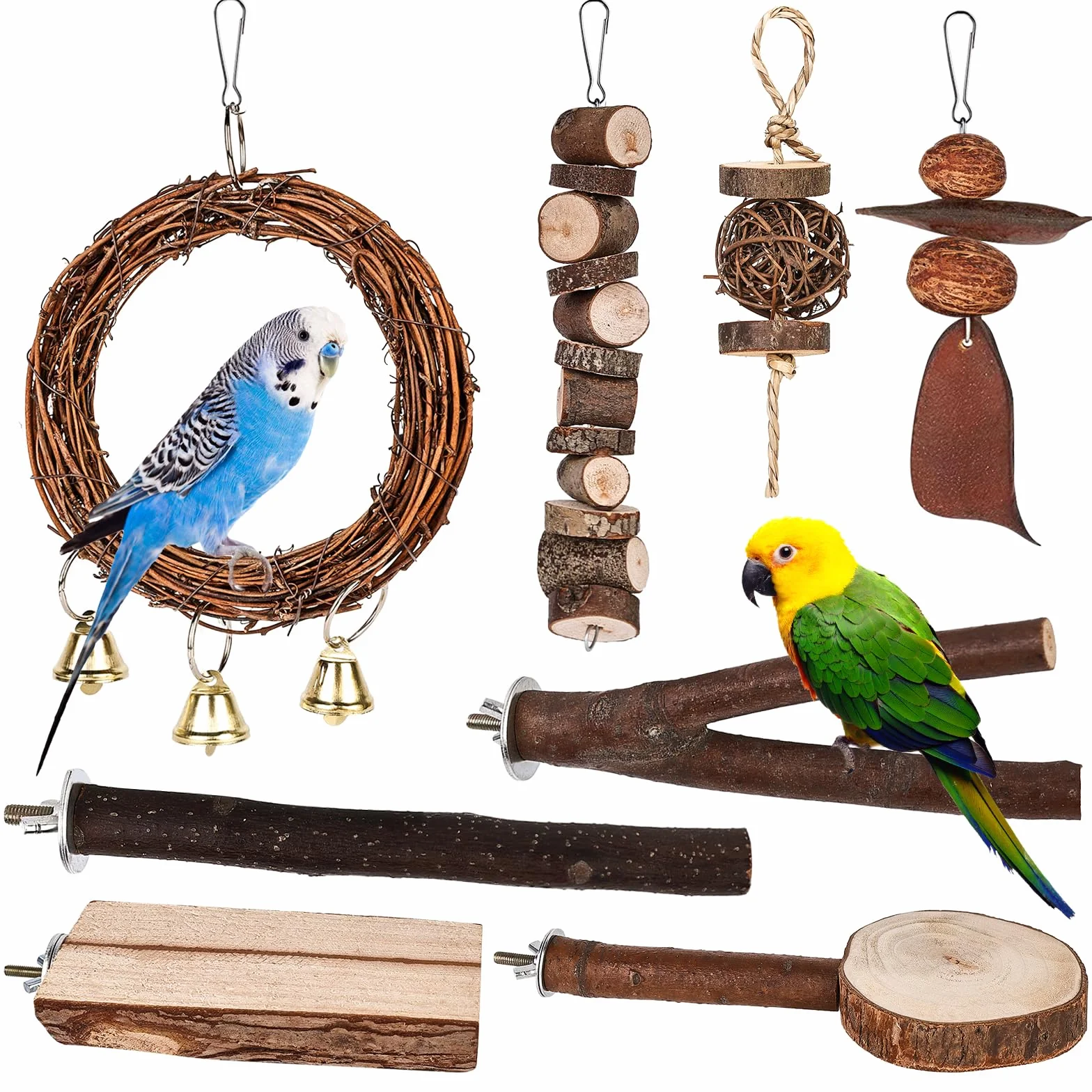 Posatoi per Uccelli, 8 Pz in Legno Naturale - Giocattolo per Pappagalli, Trespolo, Persico - Supporti per Cacatua, Cocorite, Fringuelli