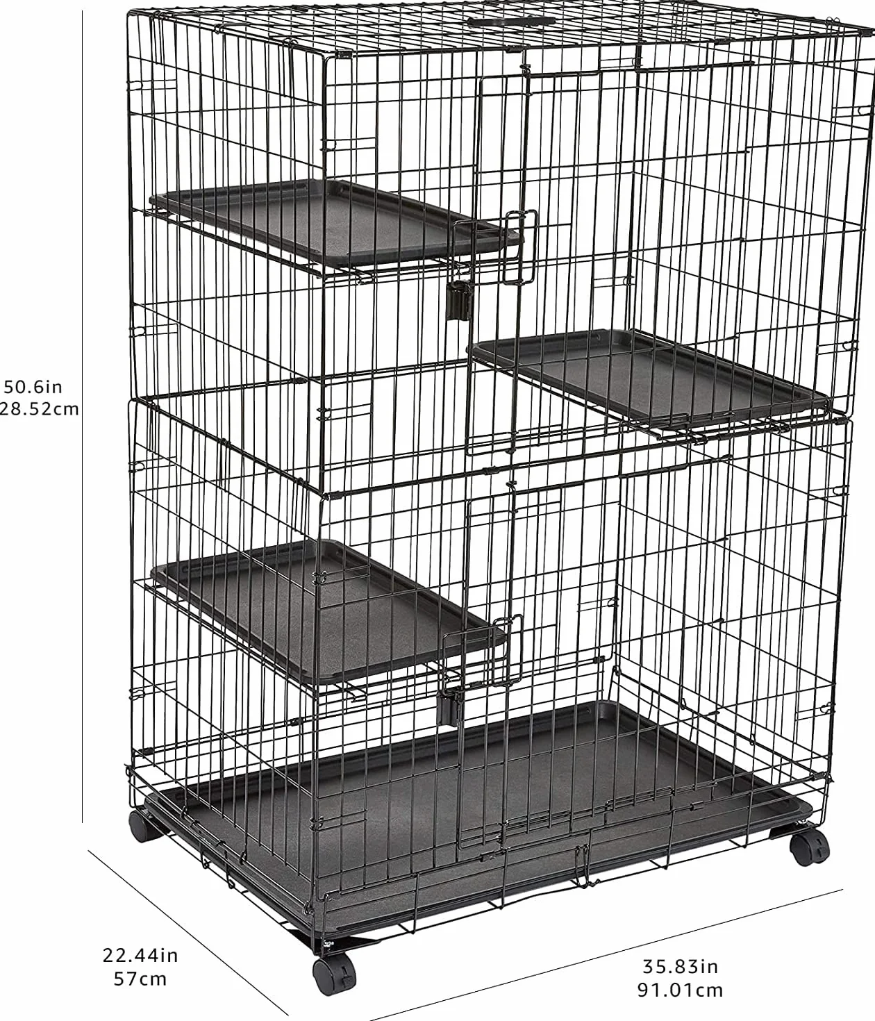 Amazon Basics Gabbia grande per gatti, con 3 ripiani, Pieghevole, Sicuro, Nero, L 91 x P 57 x H 129 cm