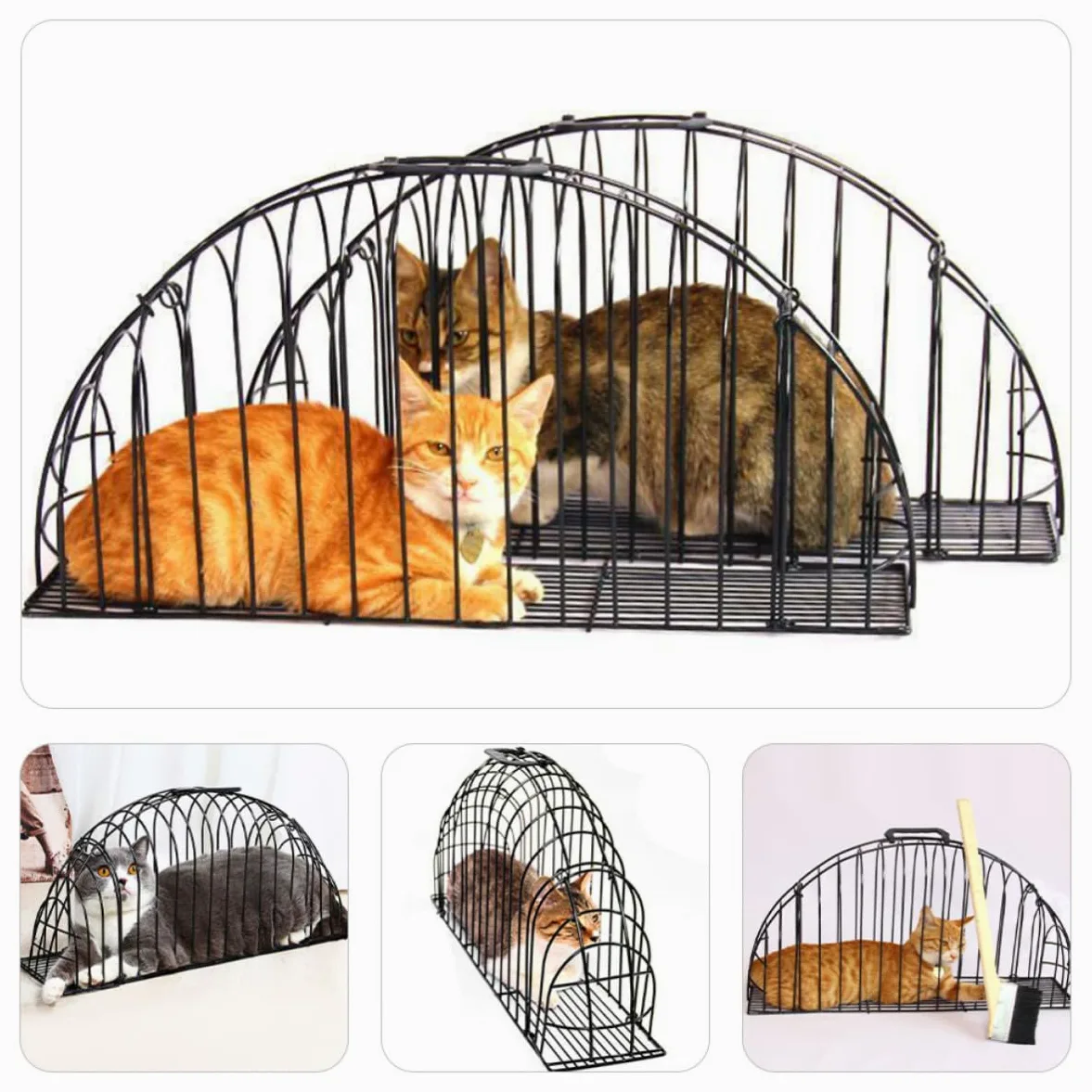 Gabbia per Bagno dei Gatti, Metallo Nero, con Spazzola, Pieghevole | Design Traforato con Chiusura a Fibbia, per Casa e Negozio, Facilita L'asciugatura, Protegge Durante Lavaggio Stile Casuale