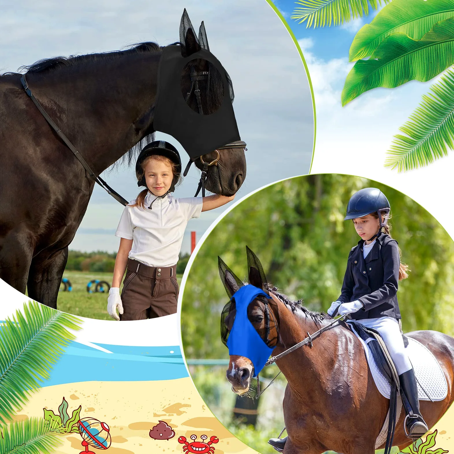 Qualirey 8 pezzi maschera per mosca cavallo confortevole maschera per cavallo con orecchie morbida elasticità antimosche protezione solare per cavallo (grande)