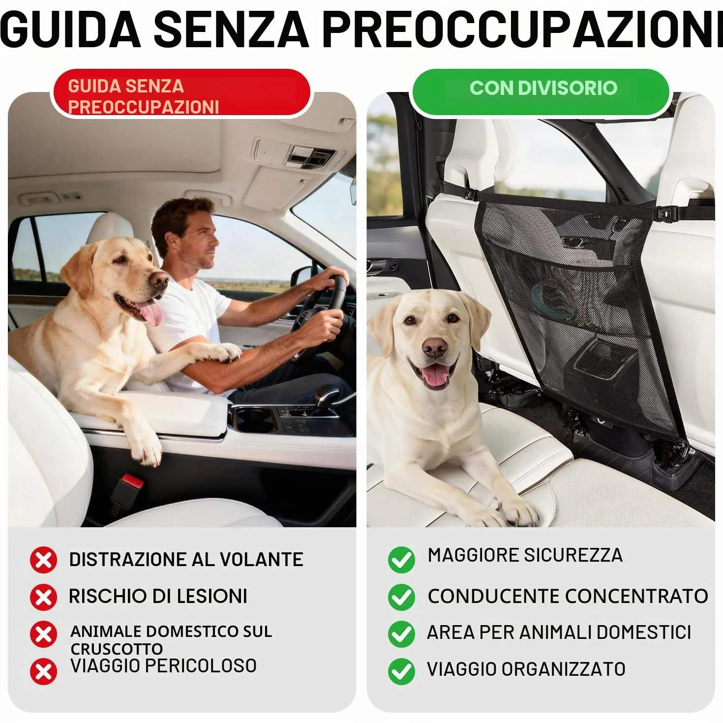 GGW Griglia per Cani per Auto con Tasche portaoggetti per Cani – Rete di separazione per Sedile Anteriore, barriera di Sicurezza Contro Il Cane dal Sedile Posteriore, Universale