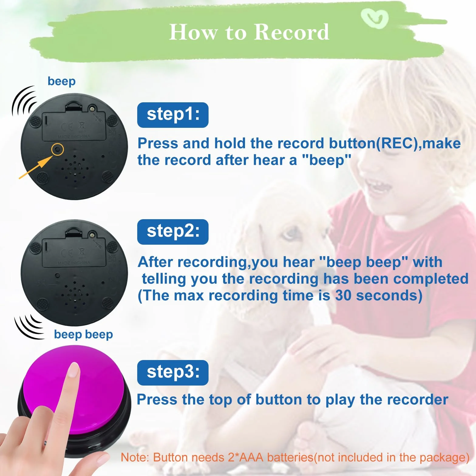 Gelabur Set di 2 pulsanti per comunicazione, registrabili vocalmente, per l'addestramento del cane, per imparare a parlare, per animali domestici, strumenti per parlare facilmente