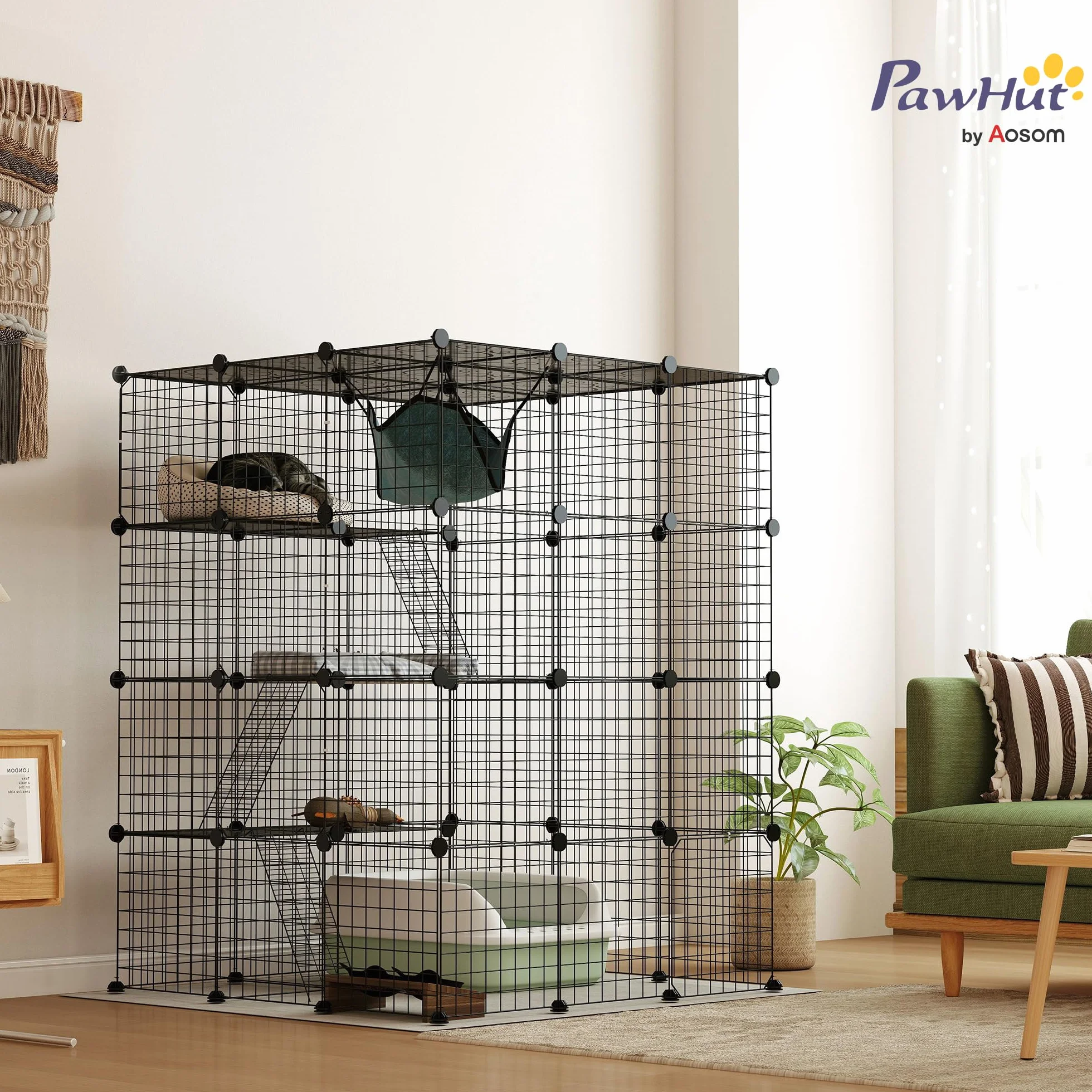 PawHut Gabbia per Gatti Modulabile a 4 Livelli con Rampe, 3 Piattaforme di Salto e 5 Porte, Casetta per Gatti con Tappetini Antiscivolo e Amaca in Acciaio e PP, per 1-3 Gatto, 105x105x140 cm, Nero