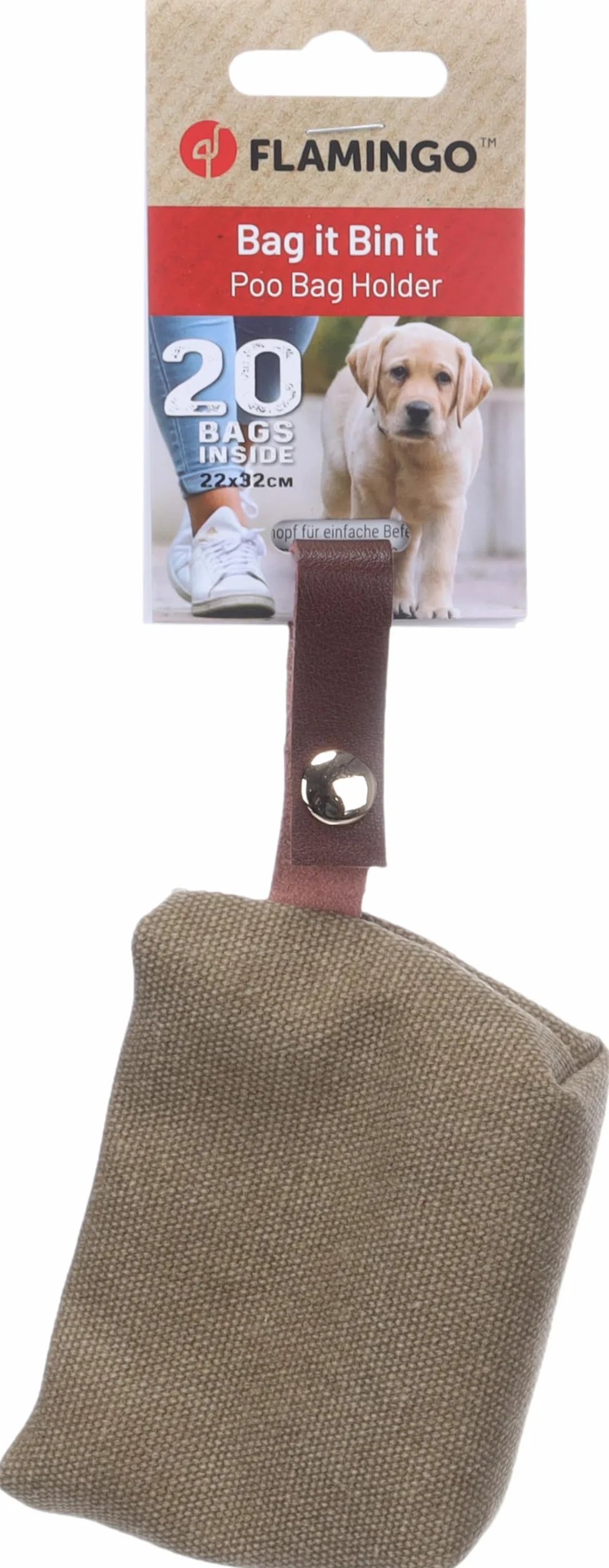 Porta Sacchetti Cane - Cavna Kaki - Pochette in Poliestere - Chiusura a Pressione - Cinturino in Pelle - 1 Rotolo Incluso - Flamingo