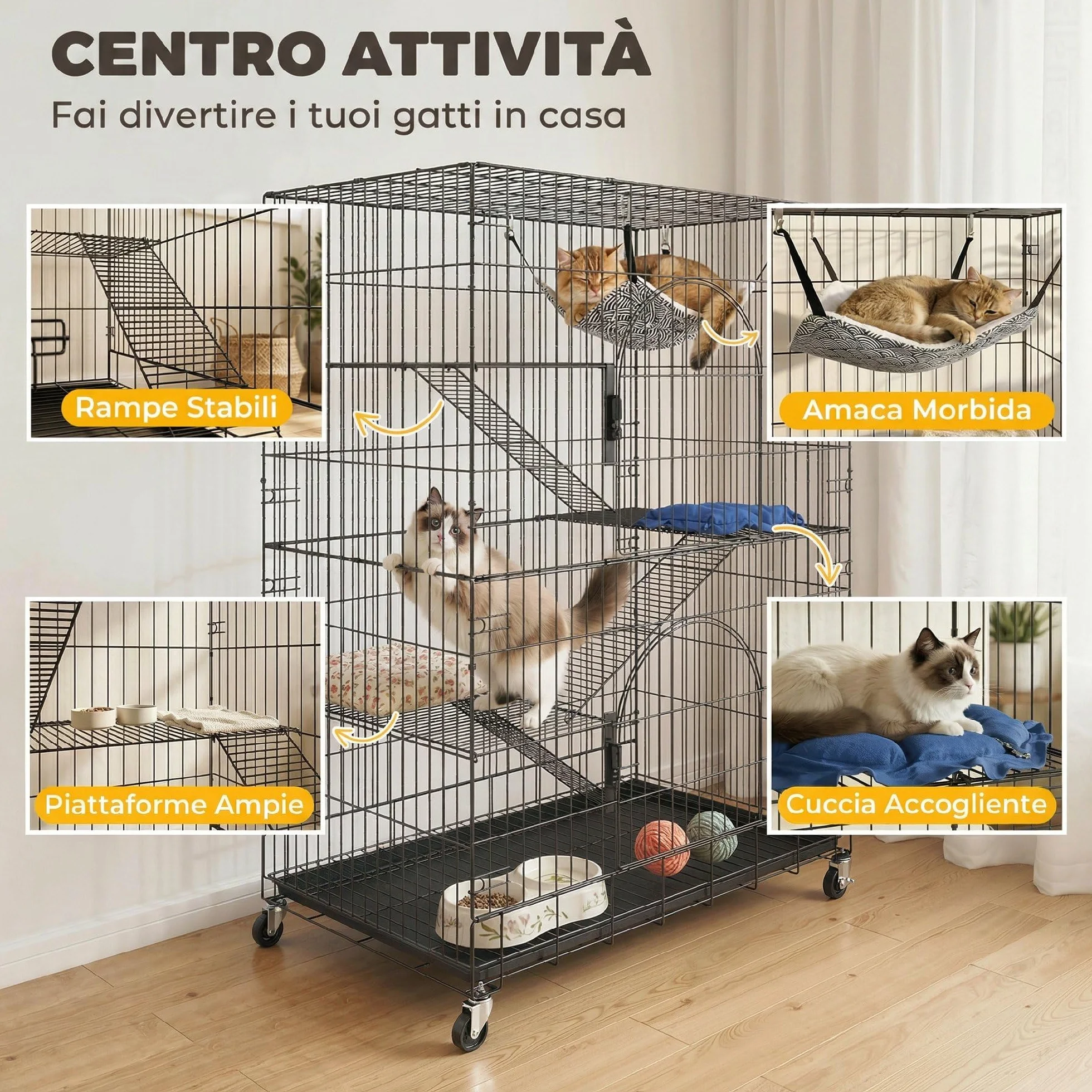 PawHut Gabbia per Gatti Grande 4 Livelli con Ruote, Recinto per Gatti da Esterno ed Interno in Metallo, Vassoio Estraibile, Amaca, Letto, Rampe, Piattaforme, per 1-2 Gatti, Scoiattoli Cincillà, Nero