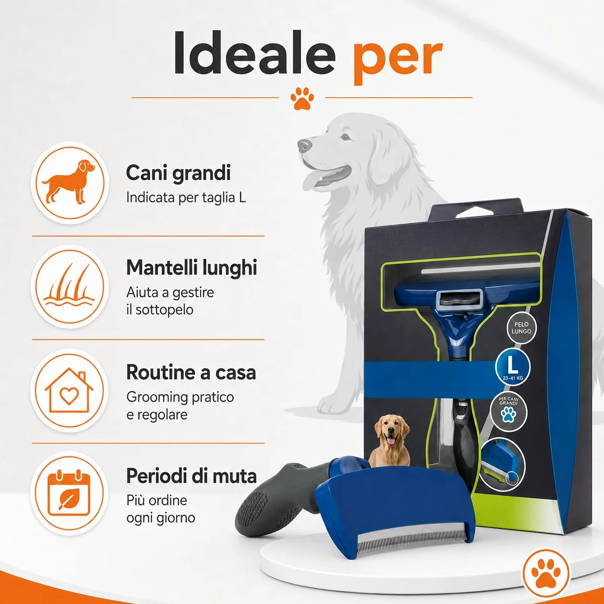 Strumento de-Shedding Cane L a Pelo Lungo, Spazzola Professionale per Cani Grandi da 24 kg, Rimuove Pelo Sottopelo in Eccesso con Pettine da 10 cm