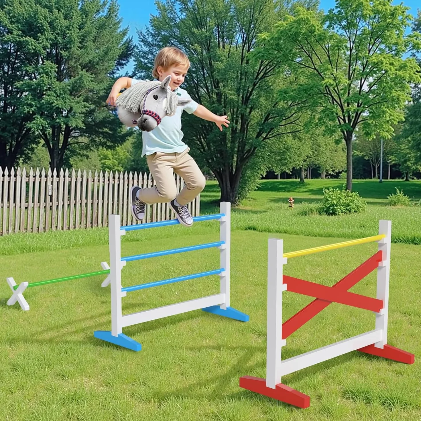 Hobby Horse Ostacoli – Set di 2 salti + 1 ostacolo, regolabile in altezza, stabile, per giardino, sala giochi e hobby Horse Training