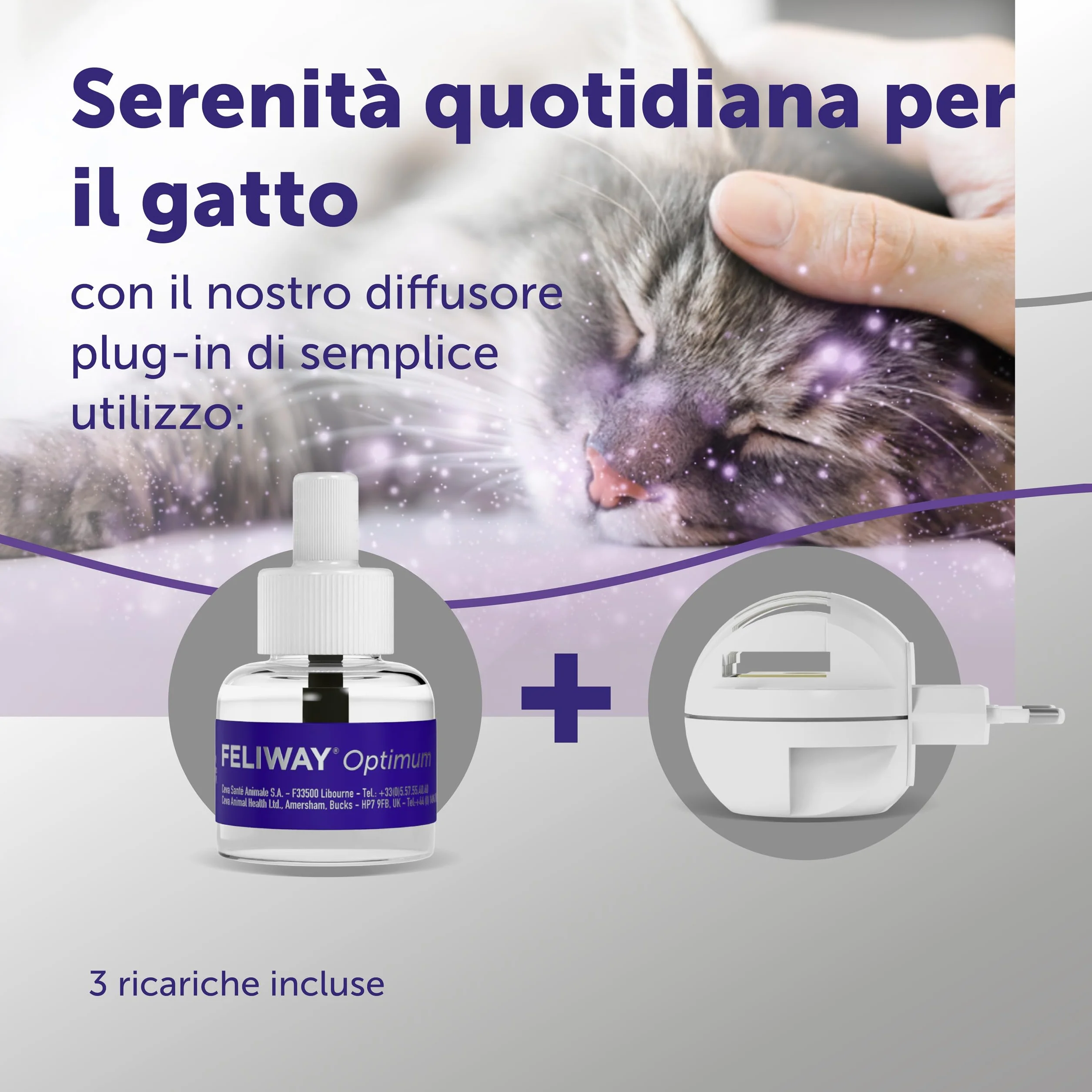 FELIWAY Optimum 3x30 Giorni di Ricariche Calmanti per Diffusore di Feromoni, Confezione da 3x48 ml – Aiuta a Risolvere Tutti i segni Comuni di Stress nei Gatti e Gattini, Raccomandato dai Veterinari