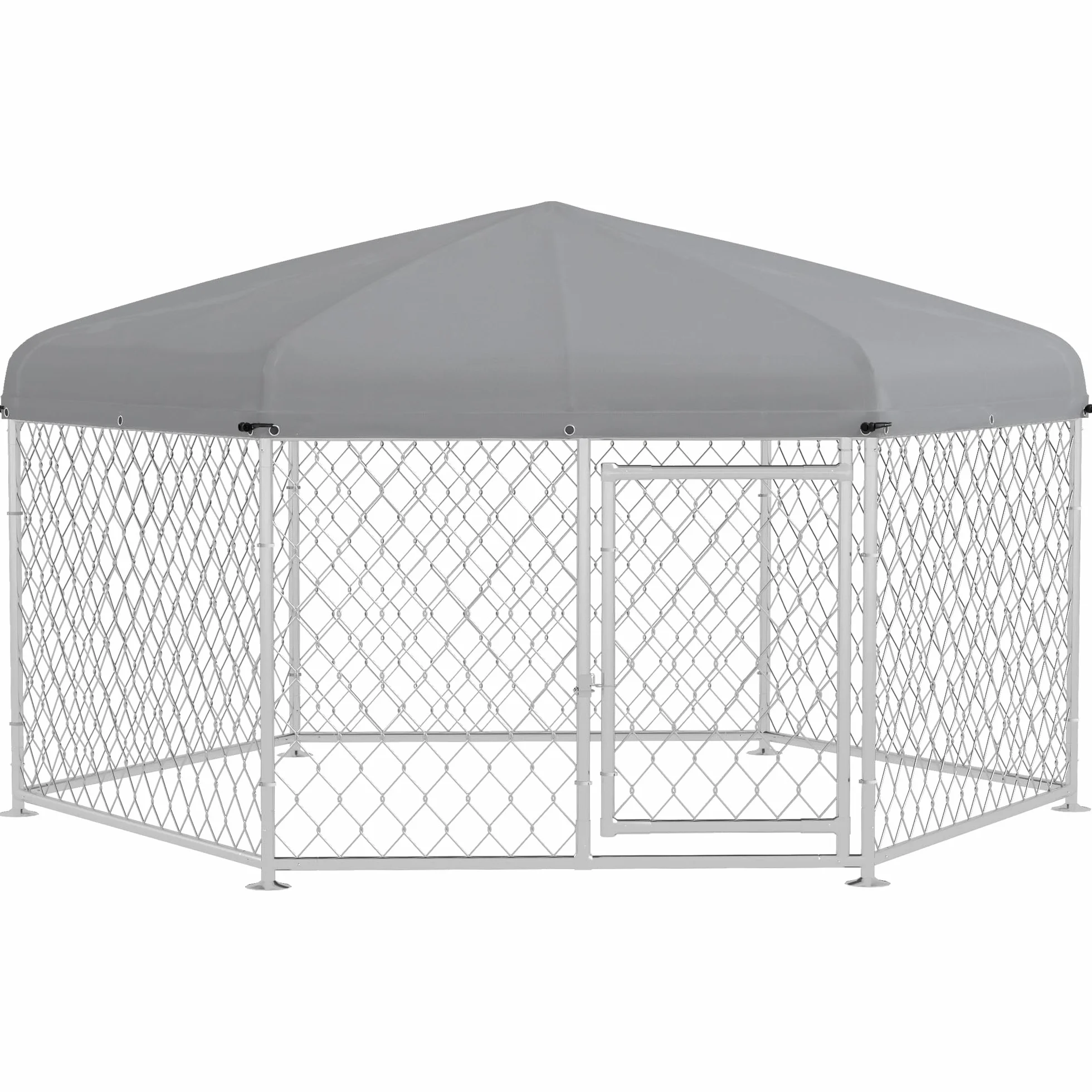 PawHut Kennel Esagonale per Cani di Taglia Grande con Tetto in Tessuto Oxford Anti UV 2.1x1.85x1.5m Argento Grigio