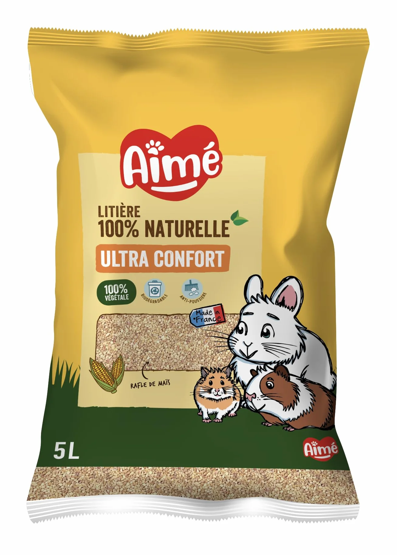 Aimé - Lettiera vegetale per Animali di Piccola Taglia - Lettiera Coniglio Nano, Criceto, Topi, porcellini d'India - Biodegradabile e Assorbente, a Base di Mais - Fino a 3 Settimane di utilizzo