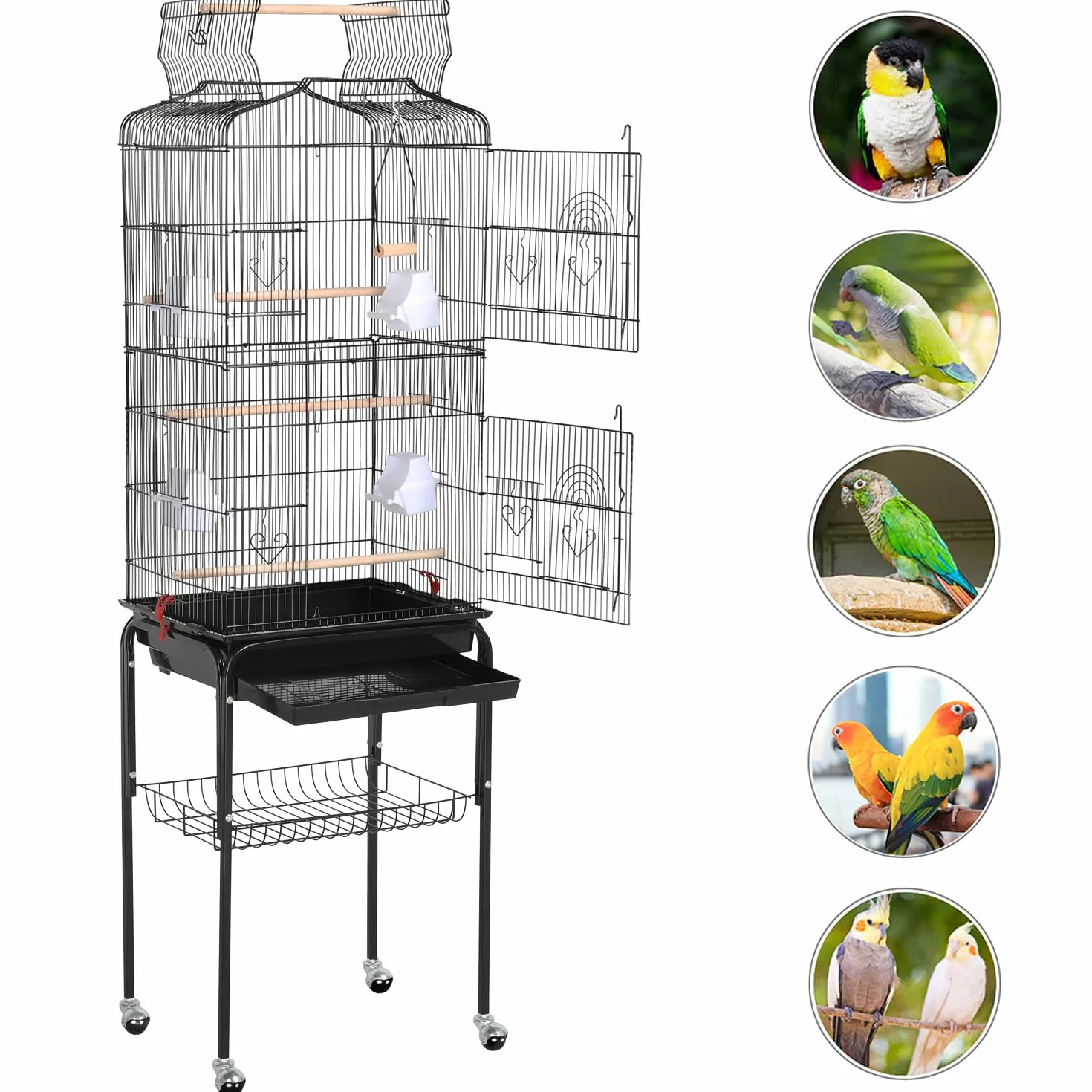 Yaheetech Gabbia Voliera per Uccelli Pappagalli Inseparabili Calopsite Parrochetti in Metallo con Piedistallo Ruote e Tetto Apribile 46 x 35 x 150,5 cm Nera