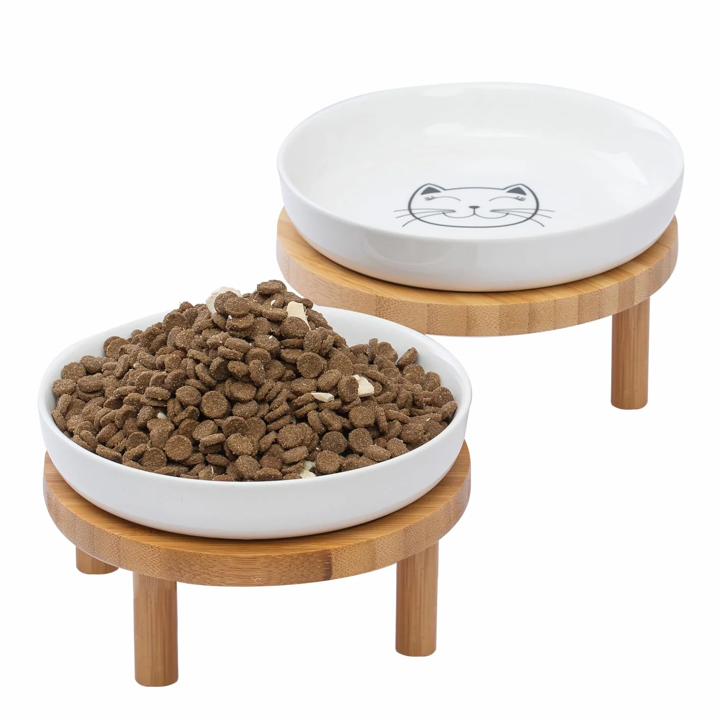 Lusifaco Set di 2 ciotole sollevate in ceramica da 15 cm con supporto in bambù per gatti
