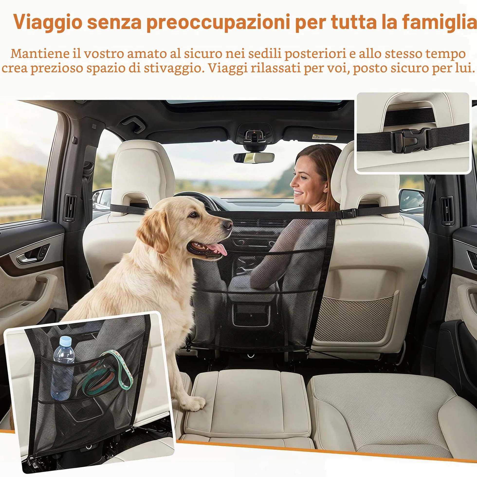 GGW Griglia per Cani per Auto con Tasche portaoggetti per Cani – Rete di separazione per Sedile Anteriore, barriera di Sicurezza Contro Il Cane dal Sedile Posteriore, Universale