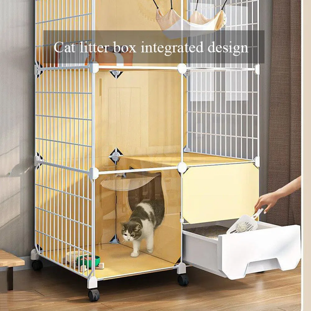 Gabbia per gatti a 2 livelli con lettiera, gabbia da interno in filo metallico per 1-2 gatti, furetti, conigli, piccoli animali, grande, 112 x 107 x 47 cm