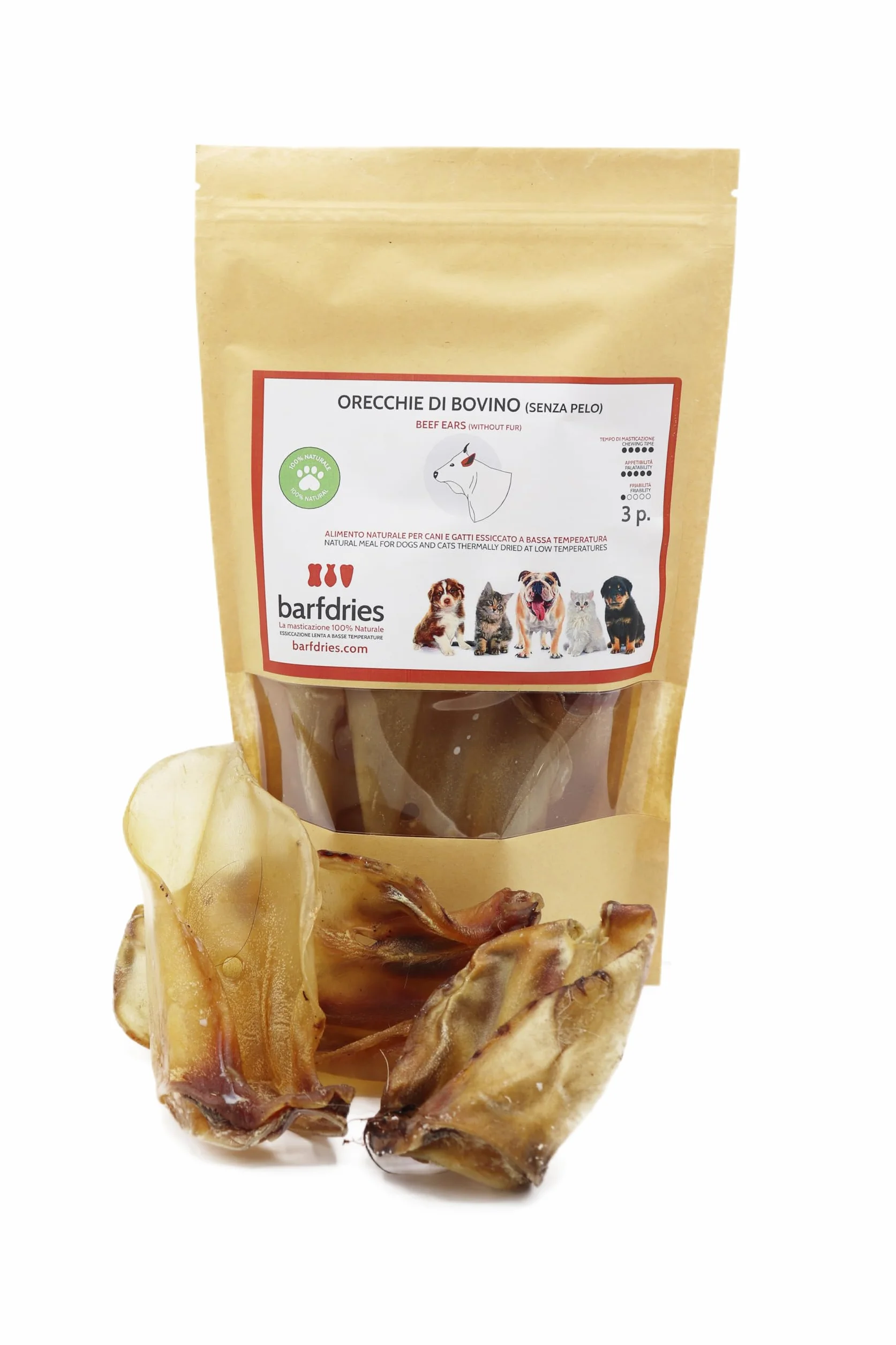 Orecchie di Bovino senza pelo, alimento naturale per Cani e Gatti essiccato a bassa temperatura. Confezione da 3 pezzi