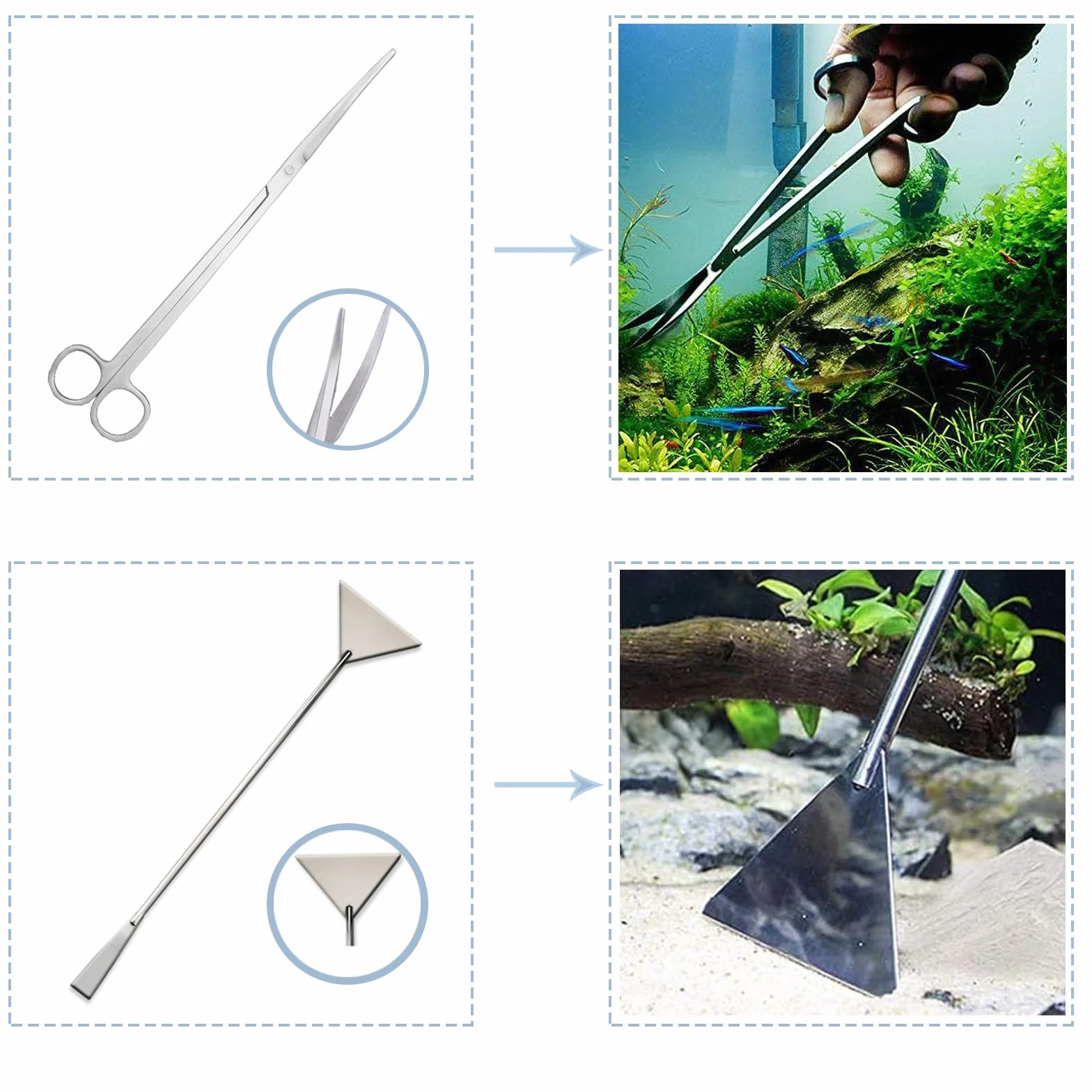 4 in 1 Attrezzi per Acquario Kit, Acciaio Inox Pulizia Acquario Kit Includere Raschietto, Pinzette e Forbici, Accessori per La Pulizia di Acquari per la Pulizia di Pesci e Piante Acquatiche