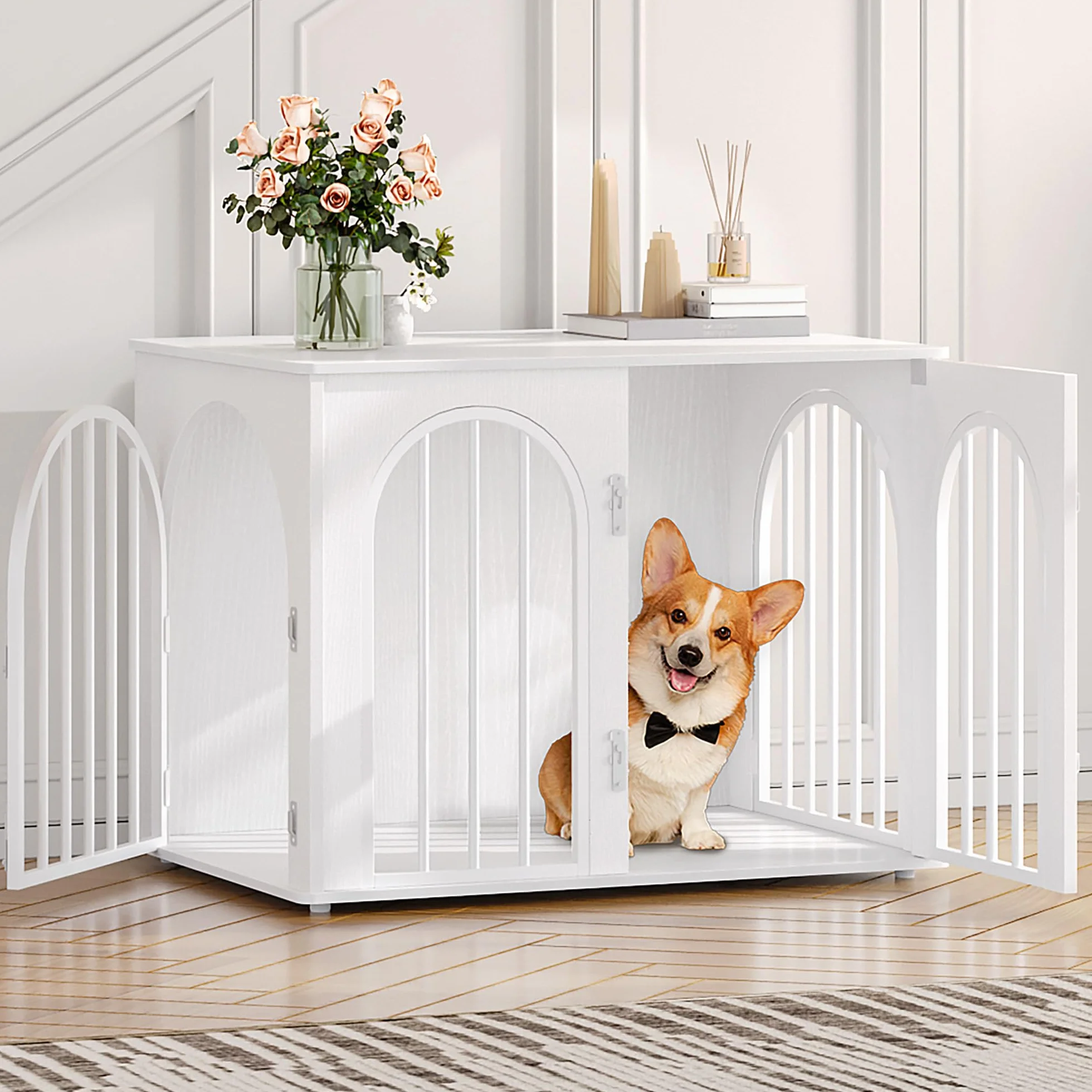 Hzuaneri 80 cm Gabbia per Cani, Tavolo Supplemento, Cuccia Moderna per Cani Interno, Gabbia per Cuccioli, Casetta per Animali, 3 Porte, Porta ad Arco, 56 x 80 x 61 cm, Bianco DFC85113W