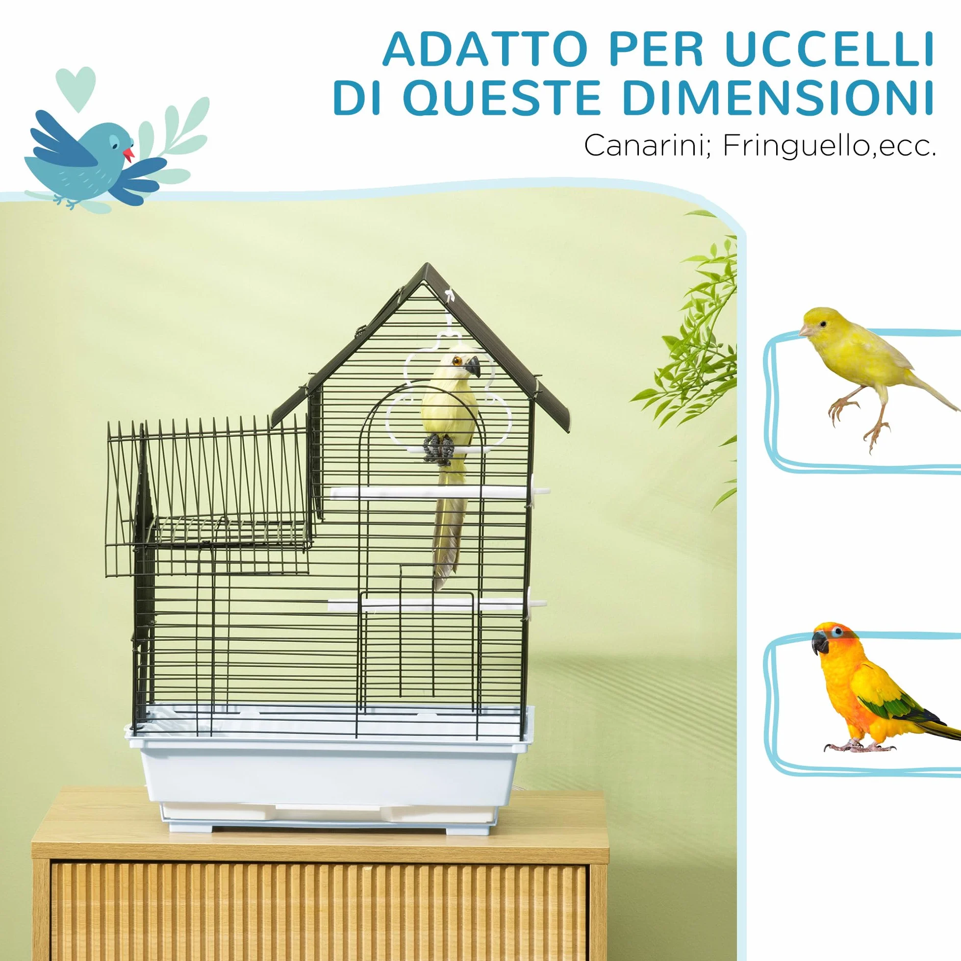 PawHut Gabbia per Uccelli con Vassoio Estraibile, Voliera Per Uccelli in Metallo e Plastica con Pioli e Altalena, 39x33x47cm, Bianco