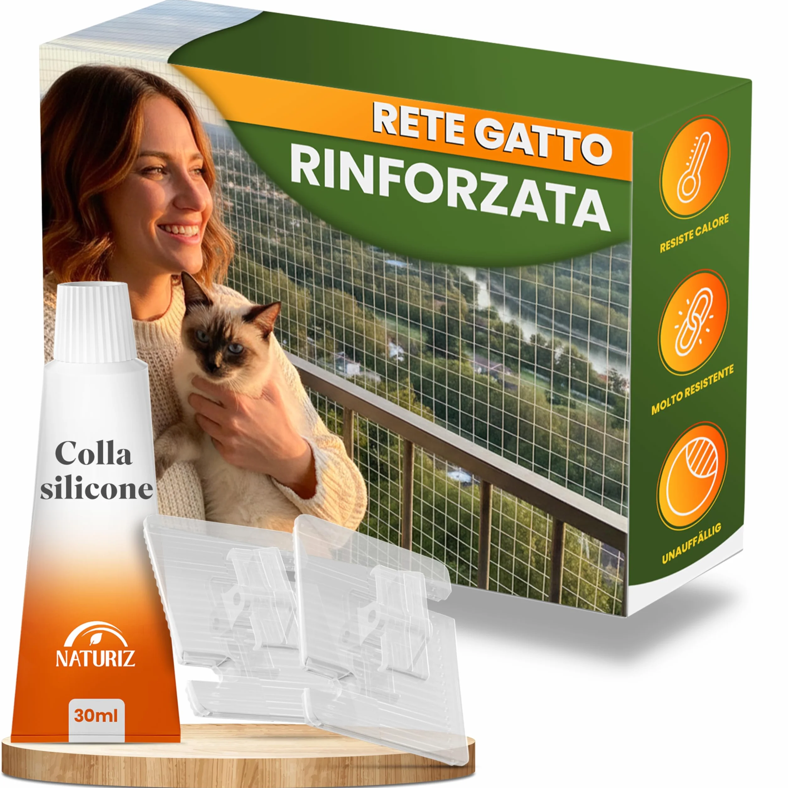 Naturiz Rete per gatti per balcone senza foratura, 3 x 4 m, rinforzata con filo trasparente/bianco, griglia per gatti con gancio adesivo – Rete di protezione per gatti per balcone e finestre, rete da