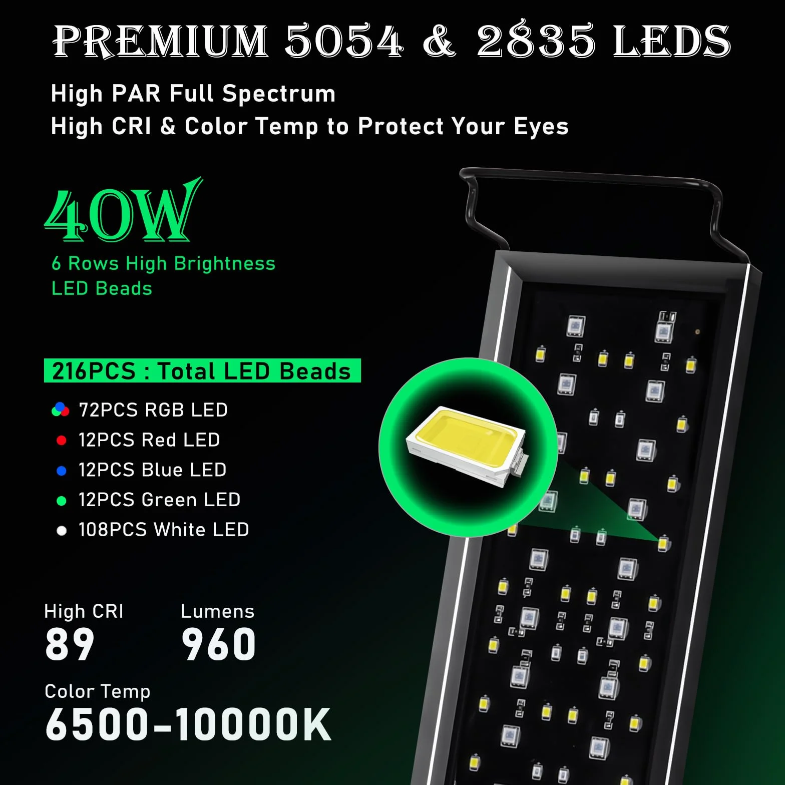 hygger luce acquario, lampada acquario led, illuminazione acquario con controller, 3 modalità con timer, 9 colori, luminosità 10, supporti estensibili, 16W, 30-45CM (40W (90-106cm))