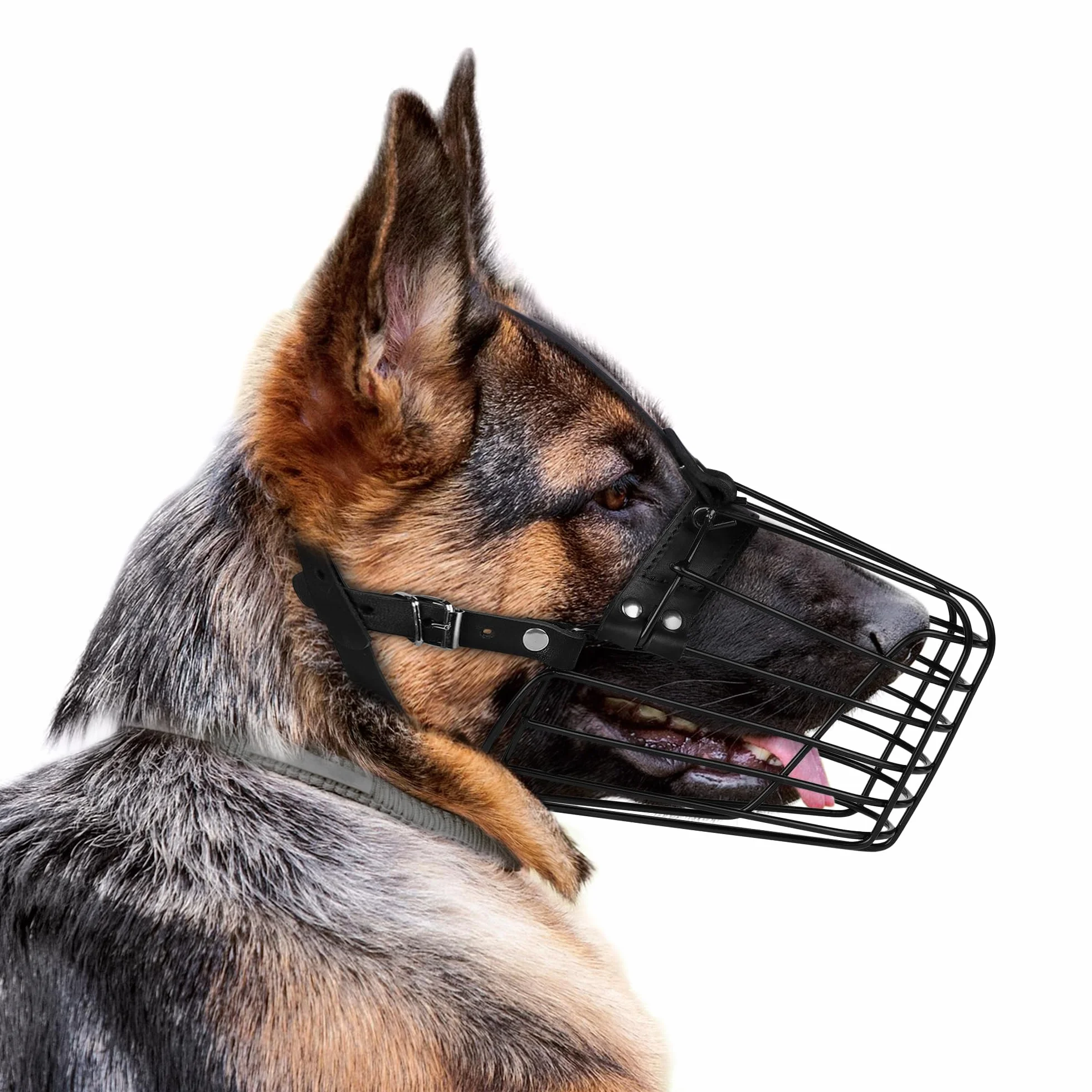 Museruola per cane pastore tedesco in metallo durevole e regolabile con cinghia in pelle, maschera sicura per la masticazione