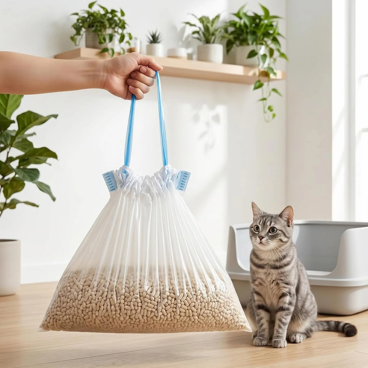 Sacchetti per lettiera per gatti, misura L, 20 pezzi, 65 x 40 cm, sacchetti per lettiera per gatti, extra forti con laccetti, per lettiera per gatti, inserti igienici per lettiera