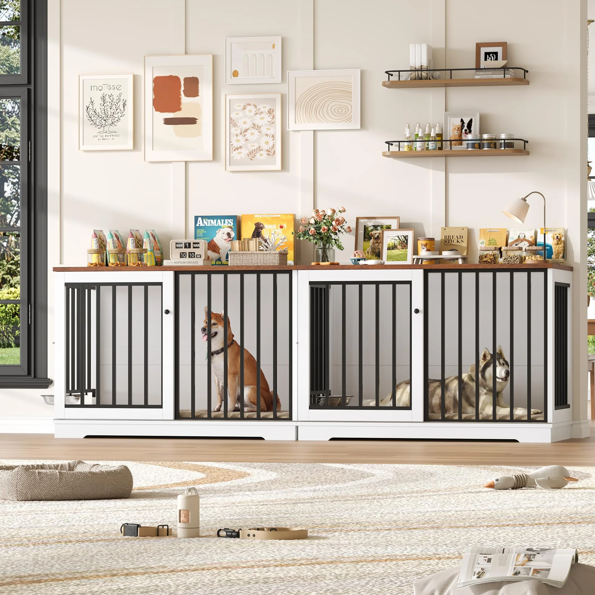 FirFurd 120 cm Gabbia per Cani, Kennel Cane Grande con Porta Scorrevole, con 2 Ciotole che Ruotano di 360°, Cane Kennel in Metallo e Legno, 120x60x90cm (Bianco+Marrone)