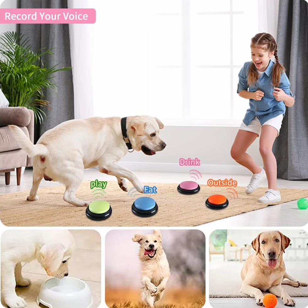 Pulsanti per Cani, 4 Pezzi Pulsanti per Cani Parlare, Buzzer con Funzione di Registrazione per Comunicazione, Giochi Interattivi per Cani Pulsante Addestramento degli Animali Domestici