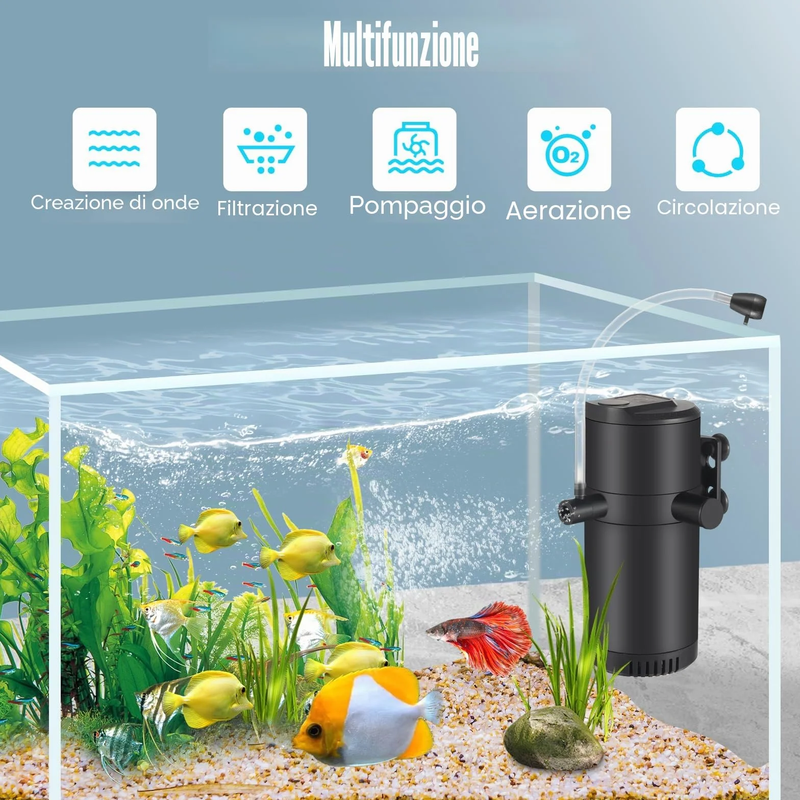 Filtro interno per acquario con flusso da 8 W 500 L/H per acqua pulita, flusso d'aria regolabile, basso rumore, onde e silenzioso