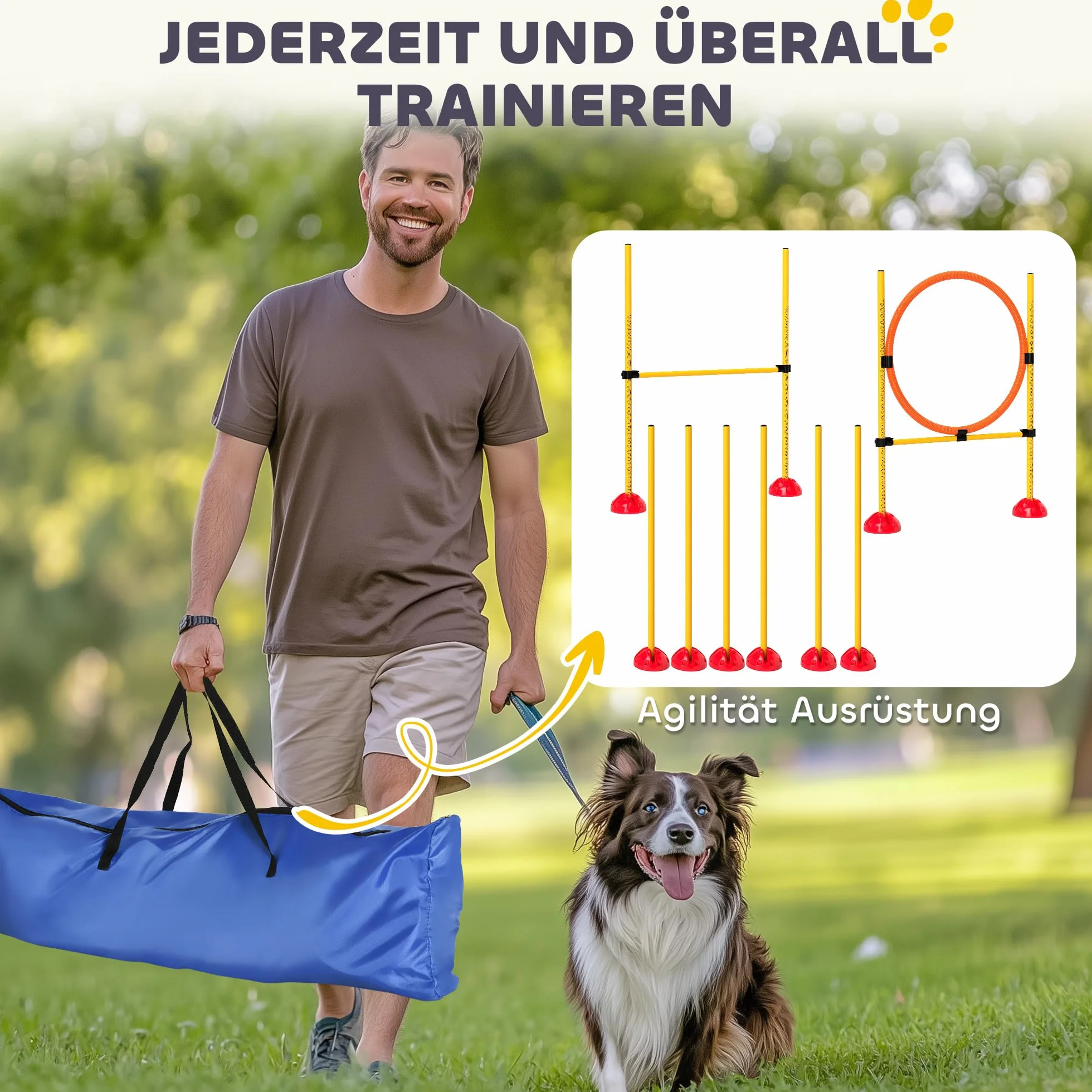 PawHut Set Agility Cani 4 pezzi riempibili per l'addestramento dei cani Set di ostacoli con pali per slalom, ostacoli regolabili in altezza, anello per il salto e la coordinazione per l'addestramento