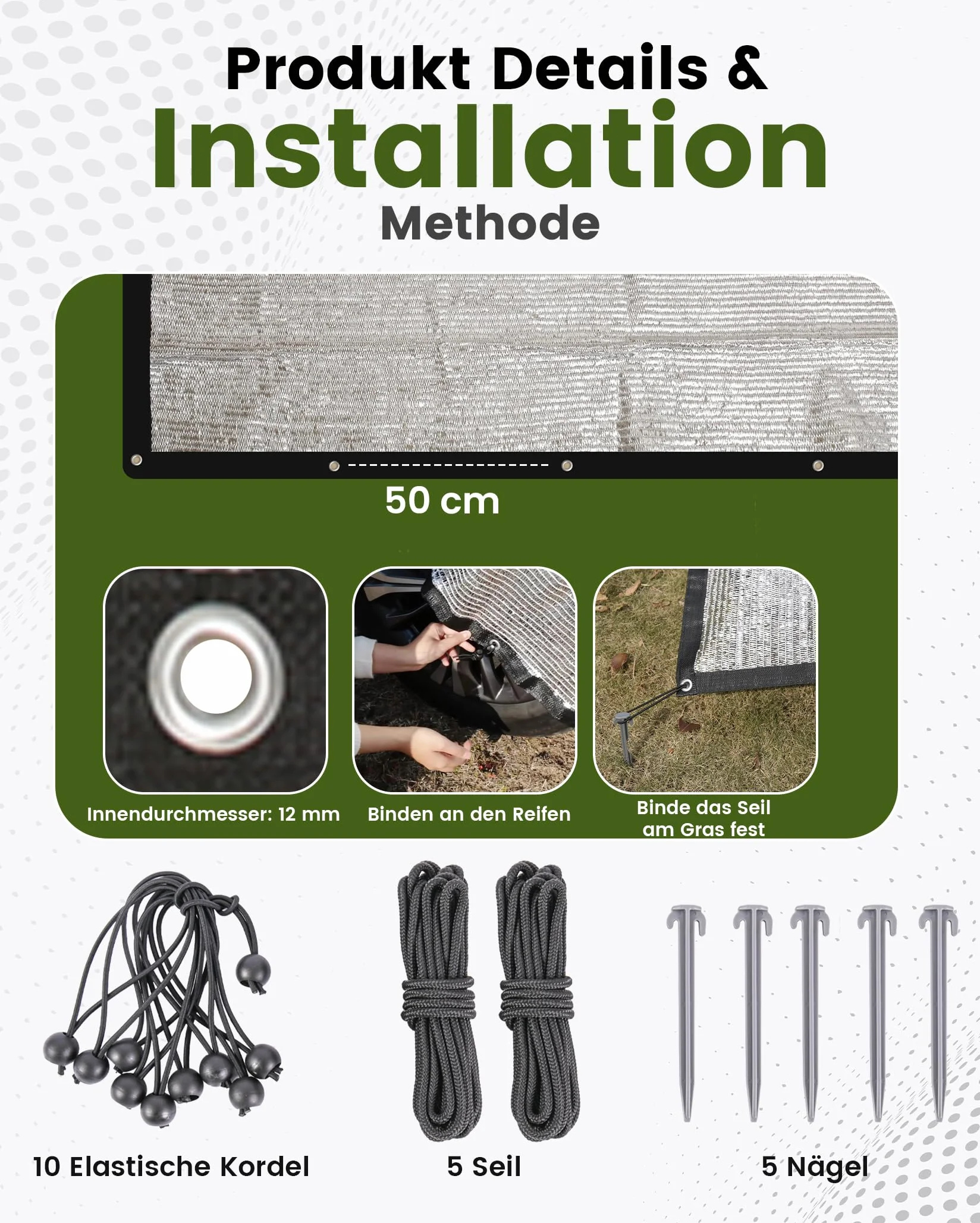 Rete ombreggiante auto per cani, 3 x 4 m, 85% alluminio, protezione solare e UV, adatta per esterni, con cordino elastico, corda di nylon da 5 m, chiodi