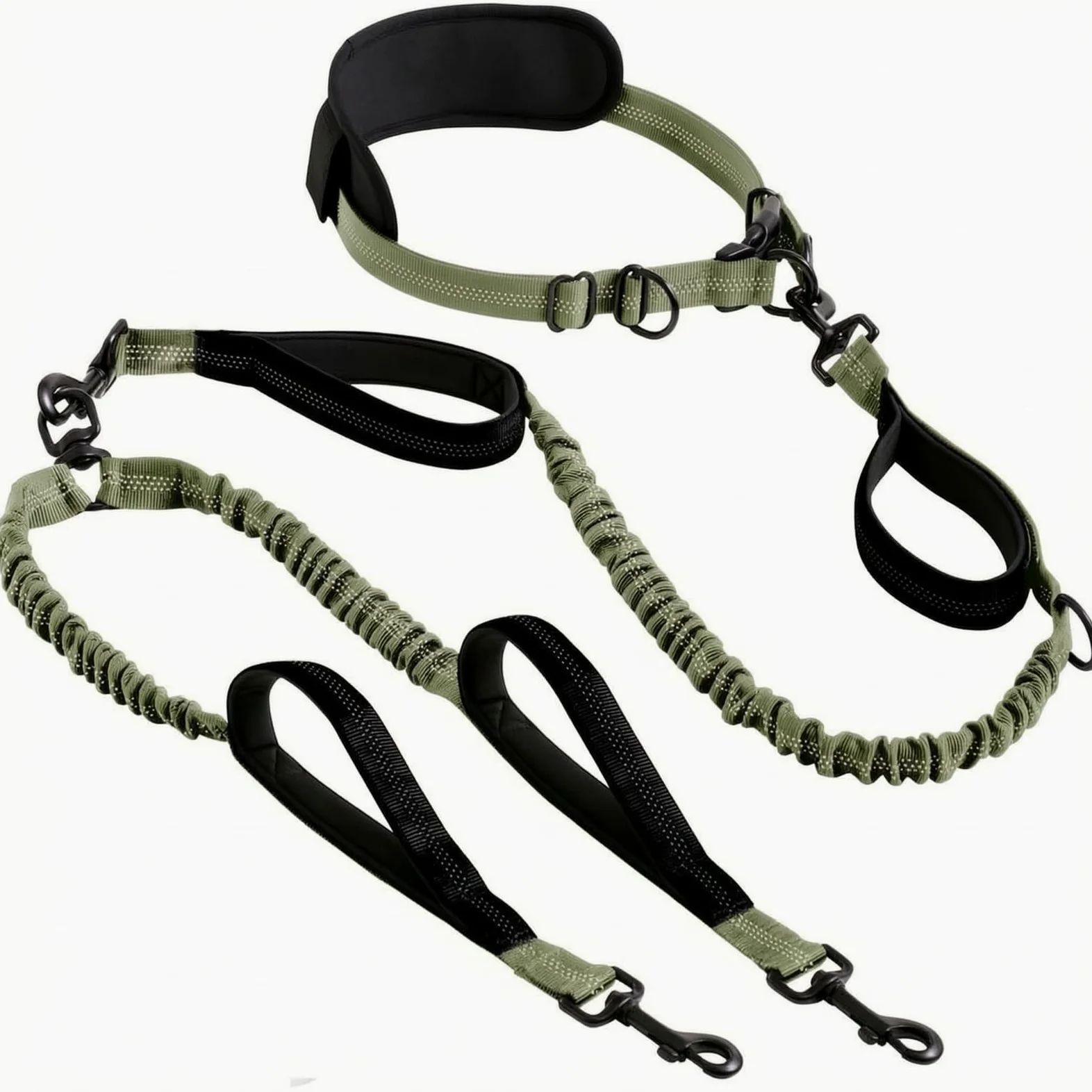 Guinzaglio a Doppia Testa Guinzaglio Cintura d Guinzaglio Elastico con Bungee Guinzaglio per Cani con Cintura in Vita con Maniglie per Controllo, Verde Militare