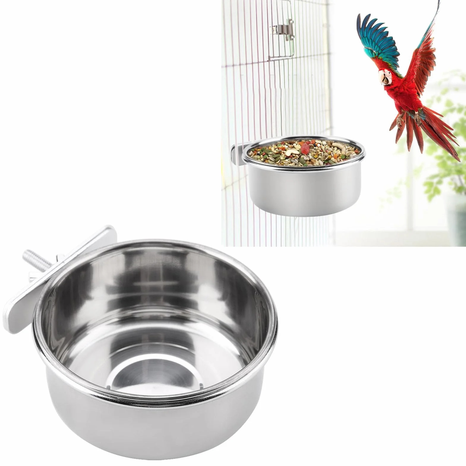Appendere cibo regolabile acqua cibo ciotola di alimentazione in acciaio inox pappagallo parrocchetto alimentatore gabbia per uccelli accessorio bere tazza(M)