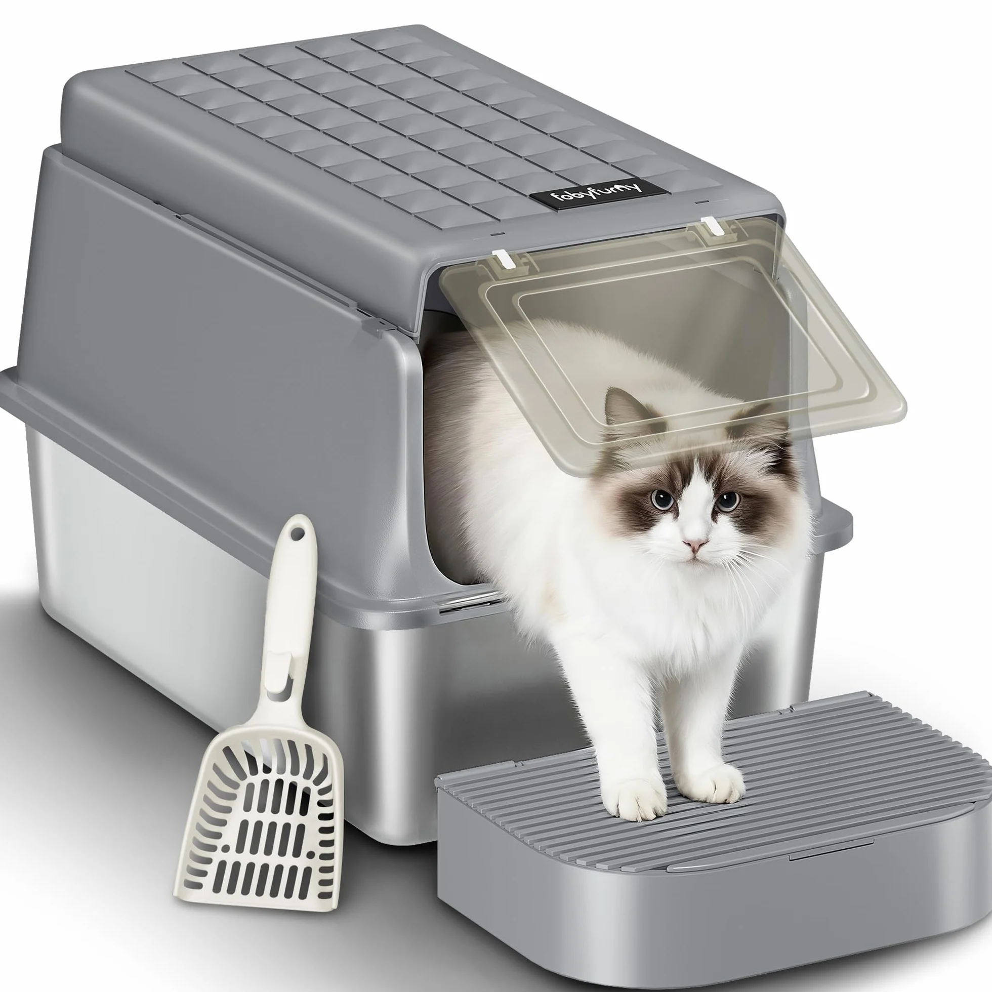 Lettiera Acciaio Inox Chiusa con Coperchio, Lettiera Gatto Acciaio Inox XXL, con Paletta e Pedana, Rimovibile, Coperchio Incernierato a 120°, Facile da Pulire, Grigio Scuro, FPLB001SG2