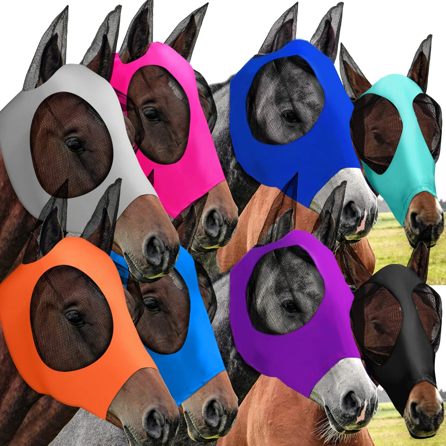 Qualirey 8 pezzi maschera per mosca cavallo confortevole maschera per cavallo con orecchie morbida elasticità antimosche protezione solare per cavallo (grande)