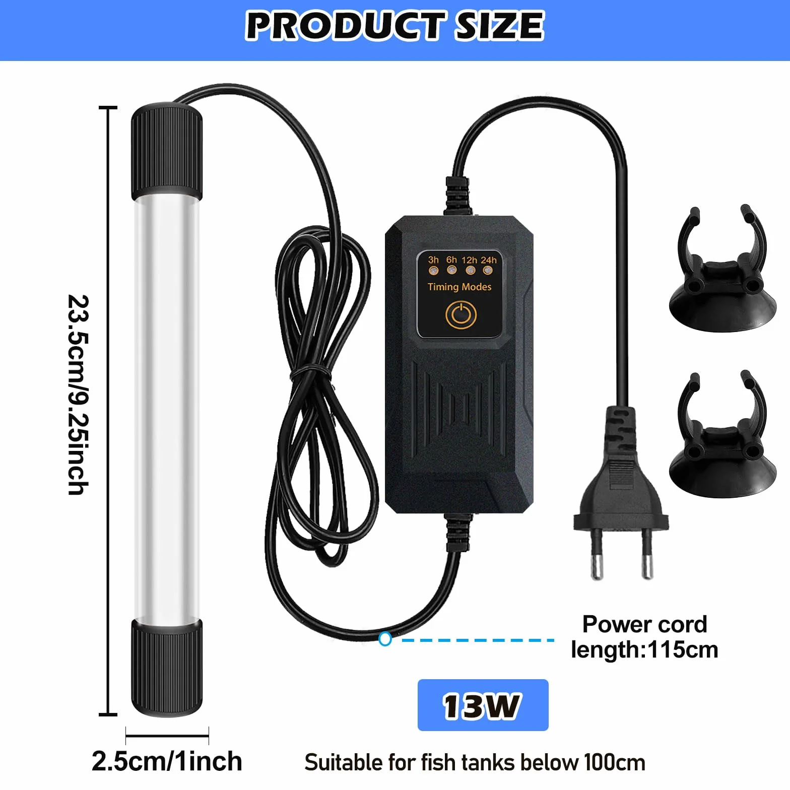 Luce UV per Acquario, Luce Sterilizzatrice UV con Timer, Lampada U V Acquario Sommergibile con Ventosa, Lampada Sterilizzazione Subacqueo per Pulizia di Acquari, Laghetti (03)