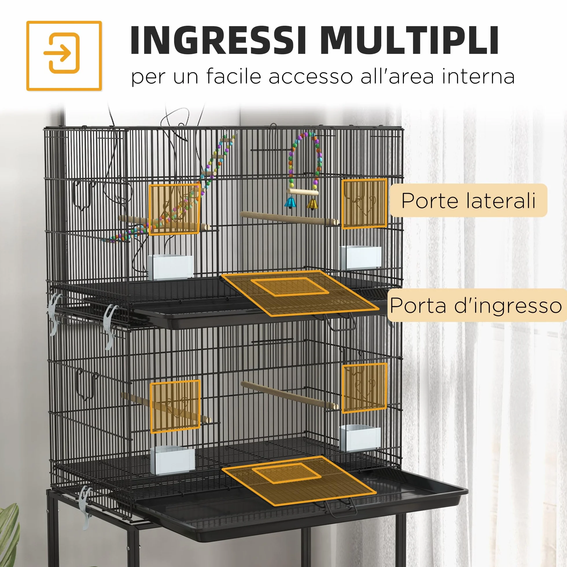PawHut Gabbia per Uccelli in Acciaio e PP, Design Impilato con Posatoi, Altalene e Scalette, 77x46x164 cm, Nero