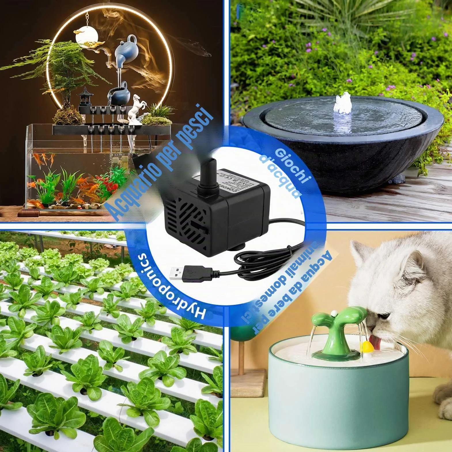 Mini pompa sommergibile USB (DC 5V 1-3W 200L/H) Regolabile, ultra silenziosa piccola pompa per acqua per fontane per animali domestici, acquario, laghetto, idroponica, interno o esterno