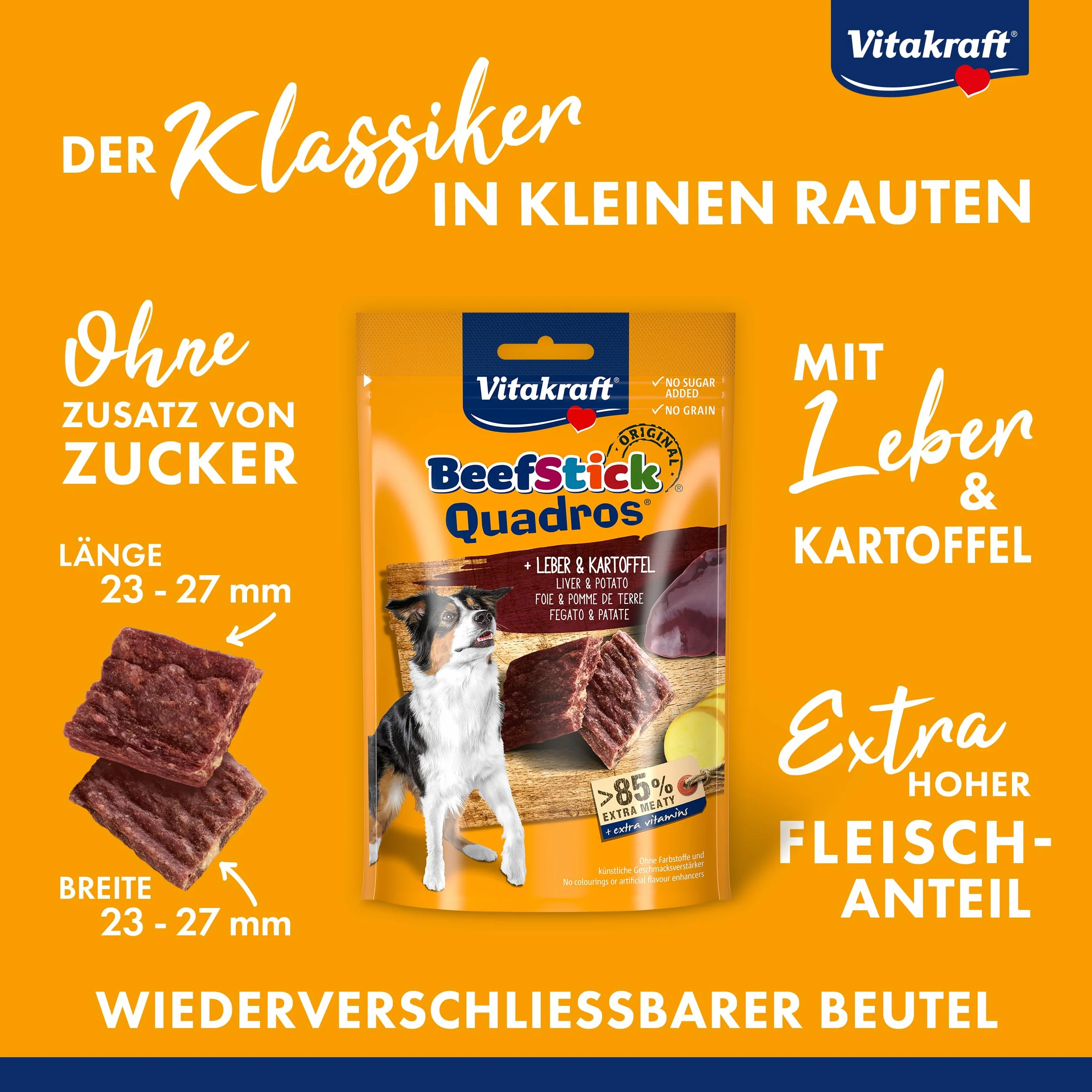 Vitakraft Beef Stick Quadros, snack cane, barrette di carne quadrate con patate e fegato, snack per l’addestramento del cane, senza zuccheri aggiunti (1x 70g)